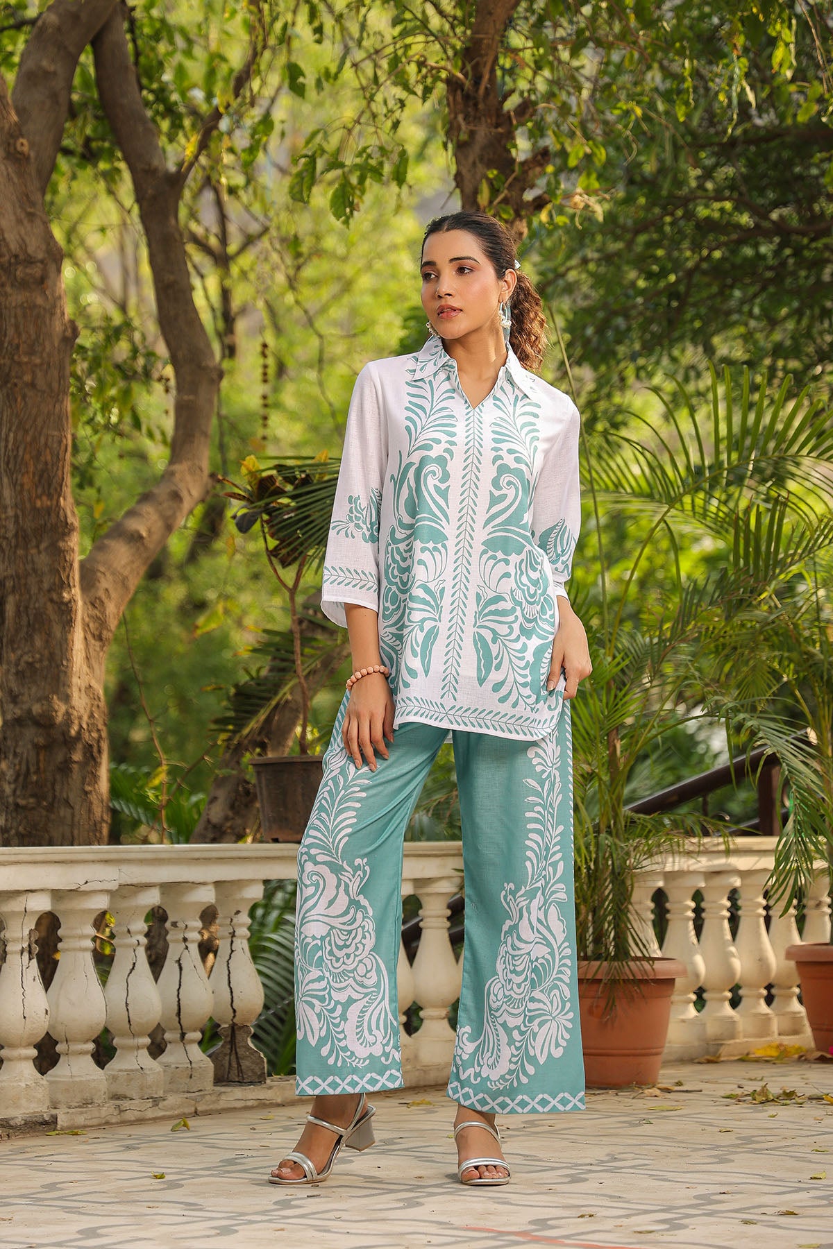 Green Linen Printed Co-Ord Set