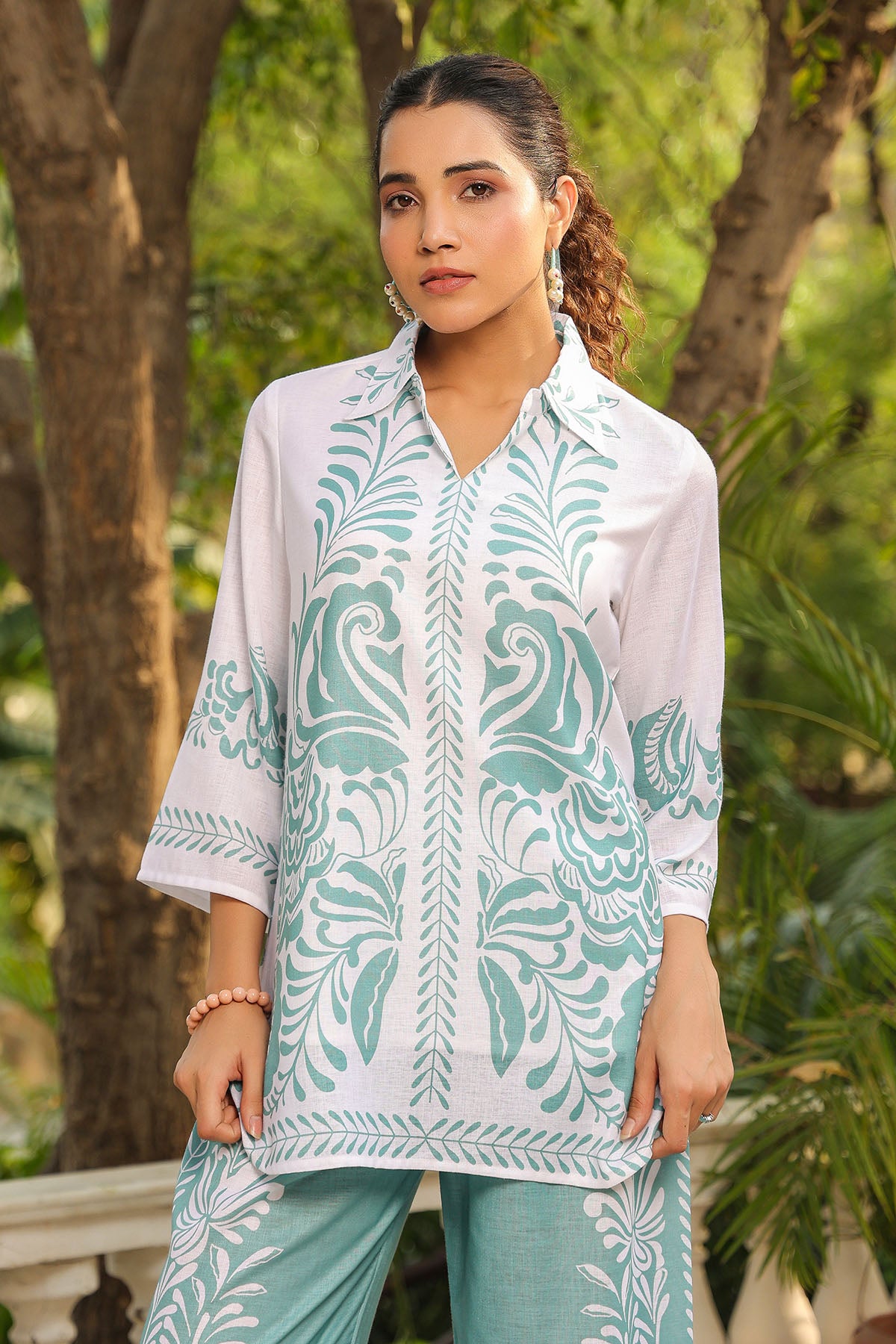 Green Linen Printed Co-Ord Set