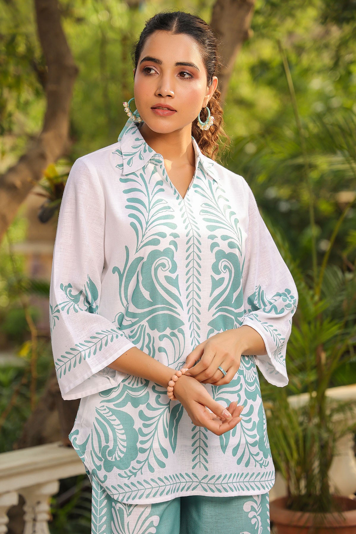 Green Linen Printed Co-Ord Set