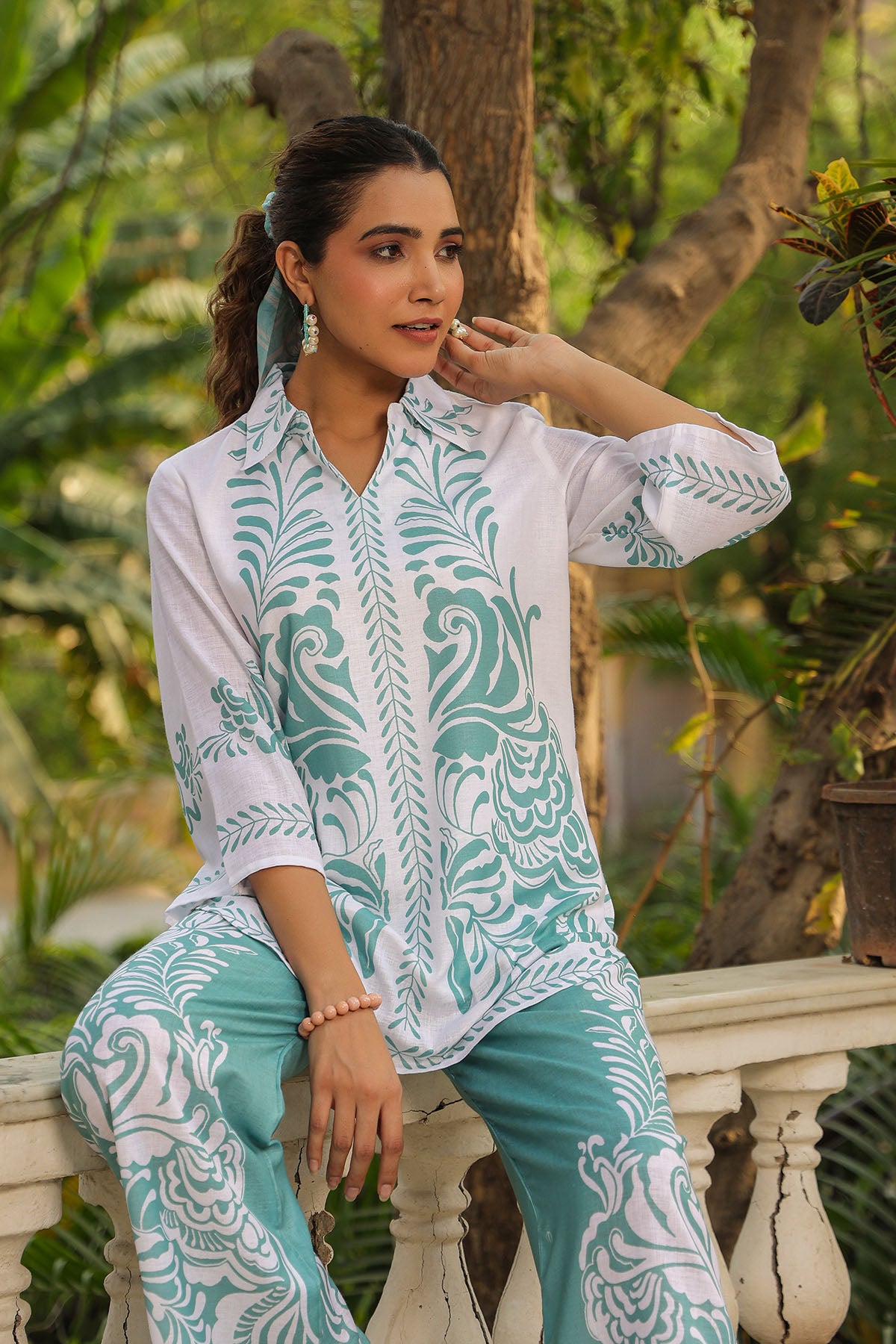 Green Linen Printed Co-Ord Set