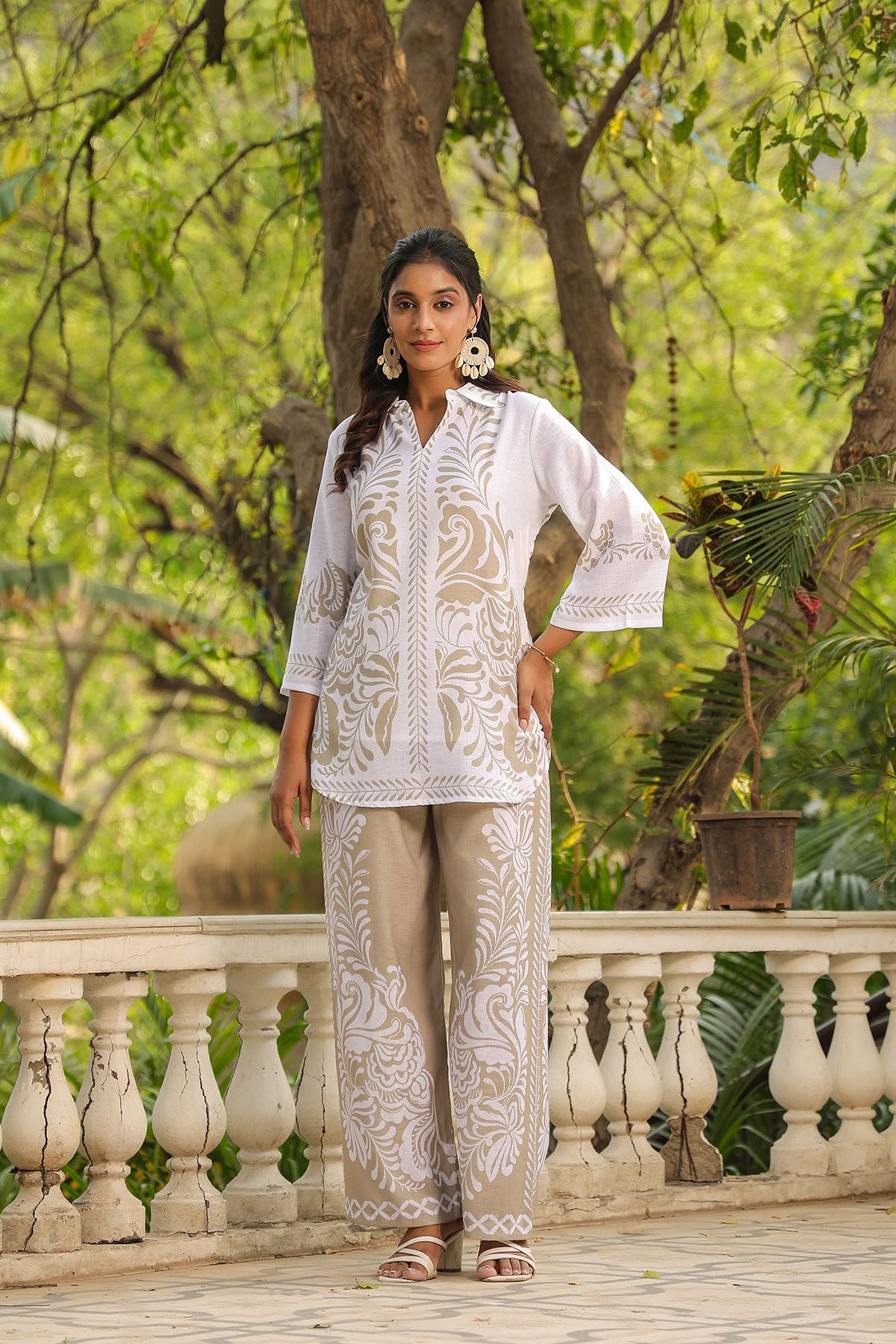 Beige Linen Printed Co-Ord Set
