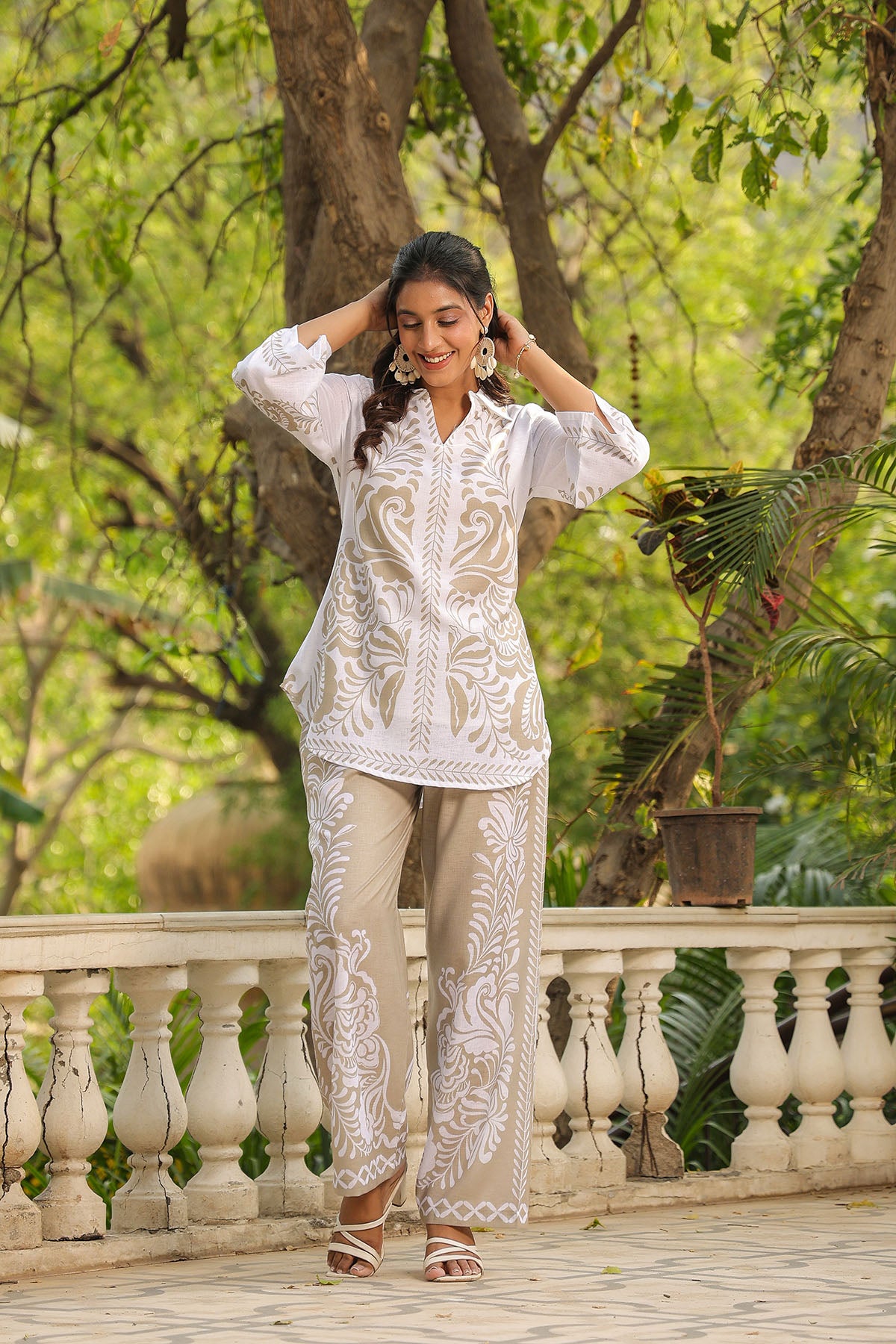 Beige Linen Printed Co-Ord Set