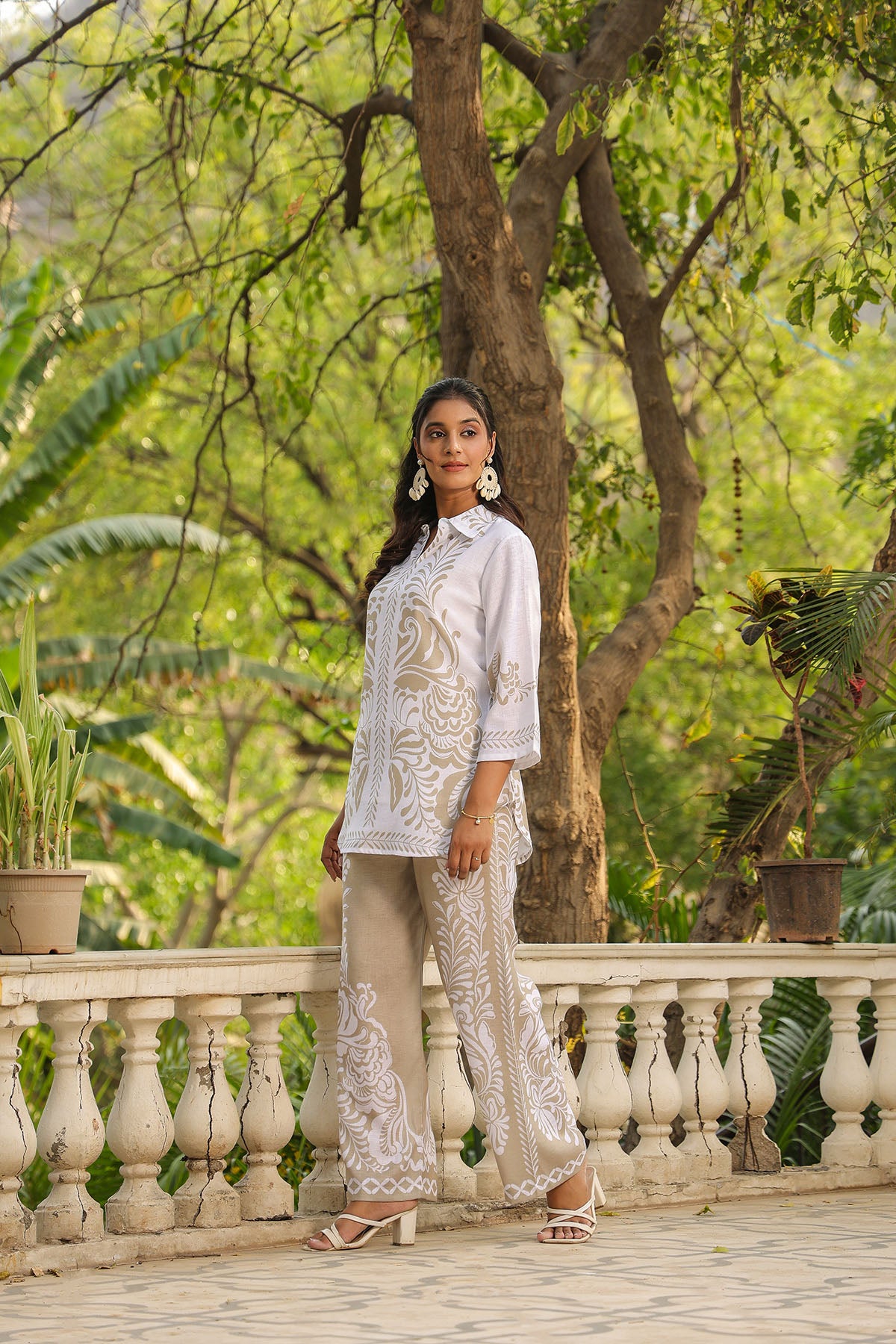 Beige Linen Printed Co-Ord Set
