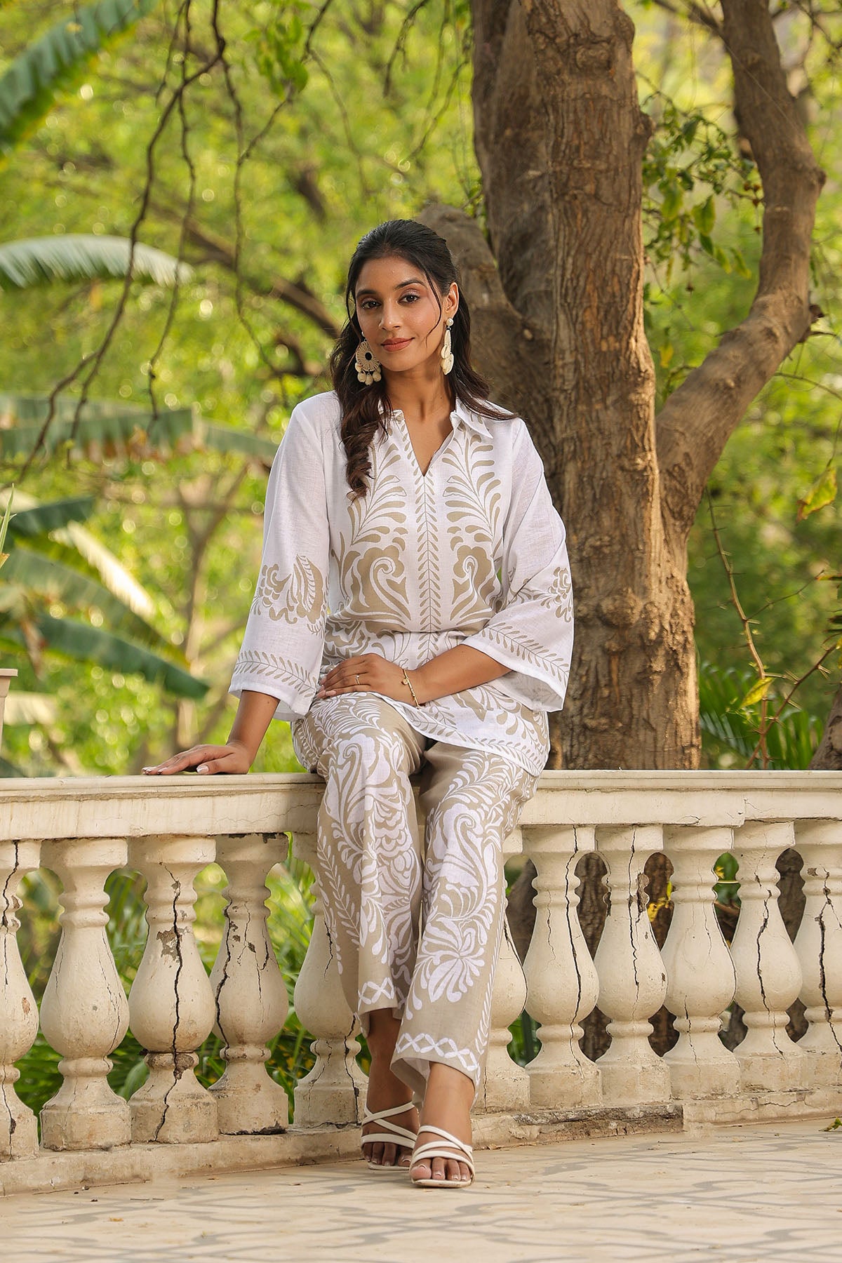 Beige Linen Printed Co-Ord Set