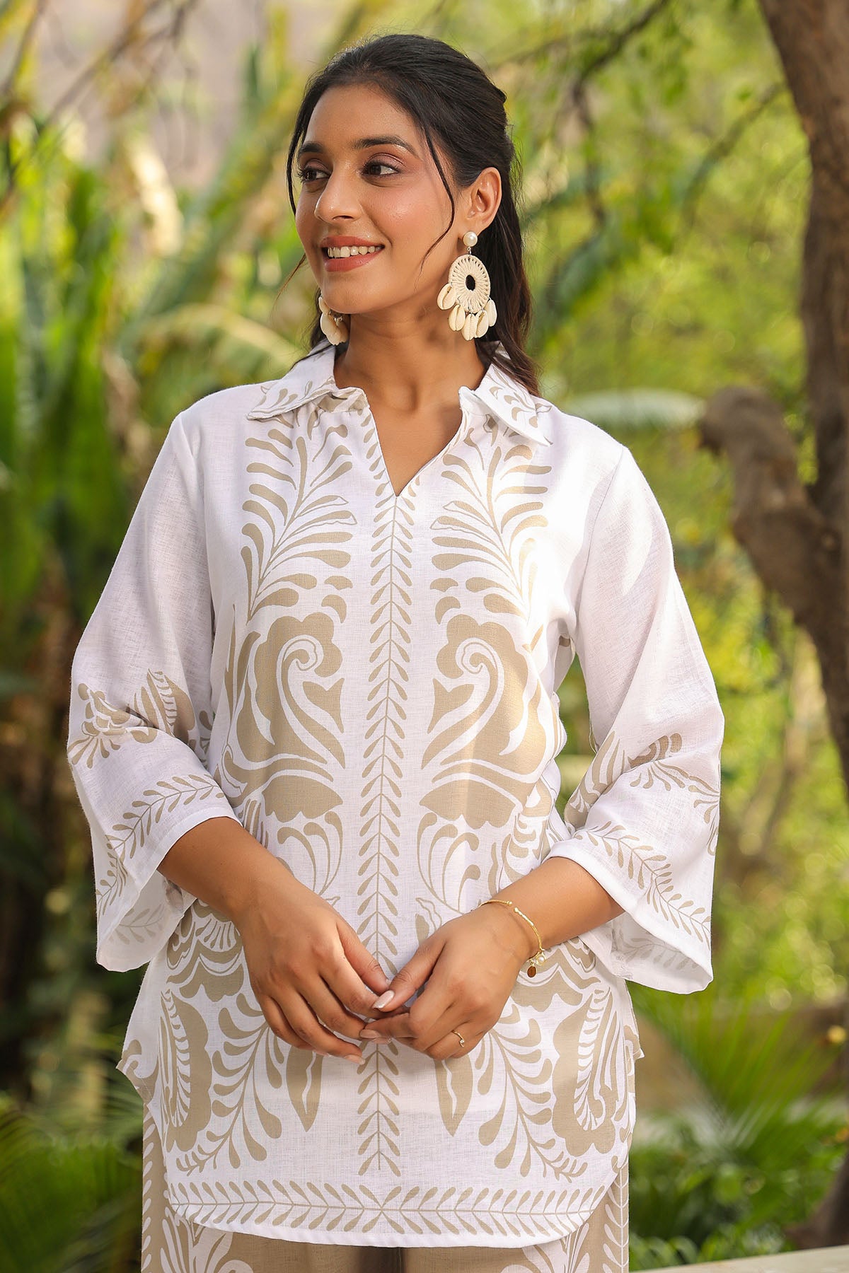 Beige Linen Printed Co-Ord Set