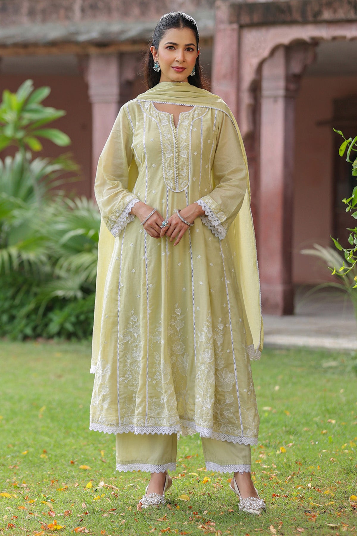 Lime Green Mul Mul Embroidered Suit Set