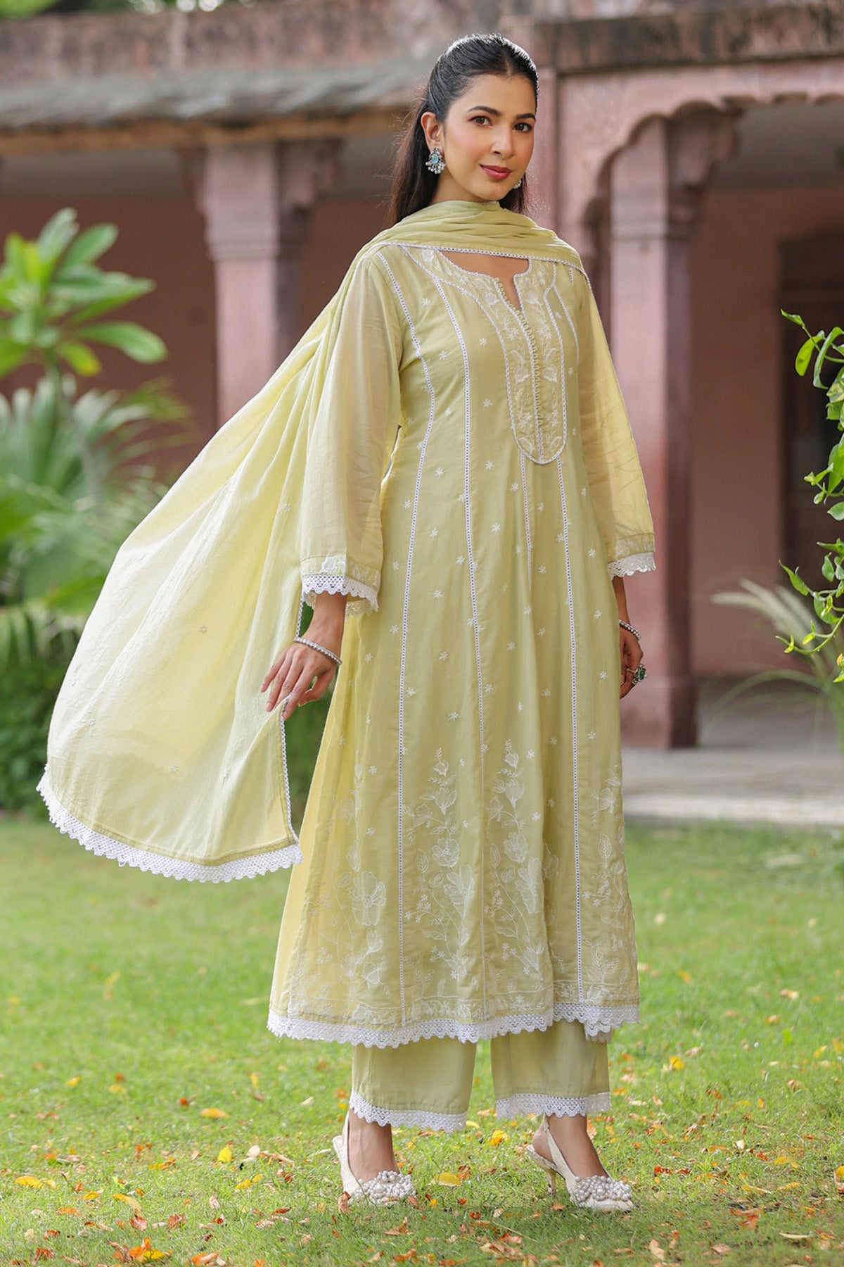 Lime Green Mul Mul Embroidered Suit Set