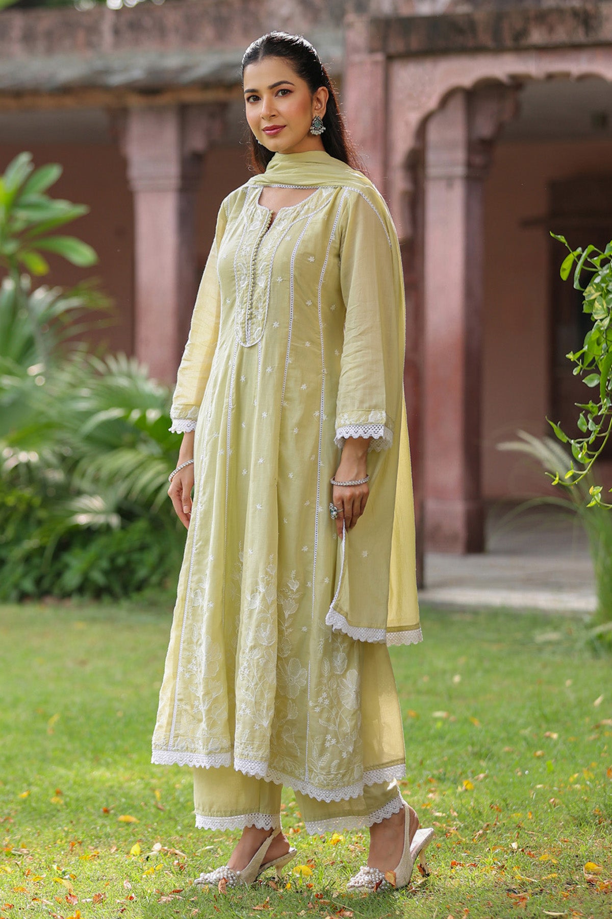 Lime Green Mul Mul Embroidered Suit Set