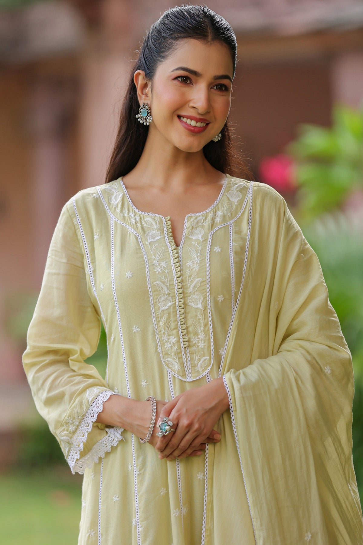 Lime Green Mul Mul Embroidered Suit Set
