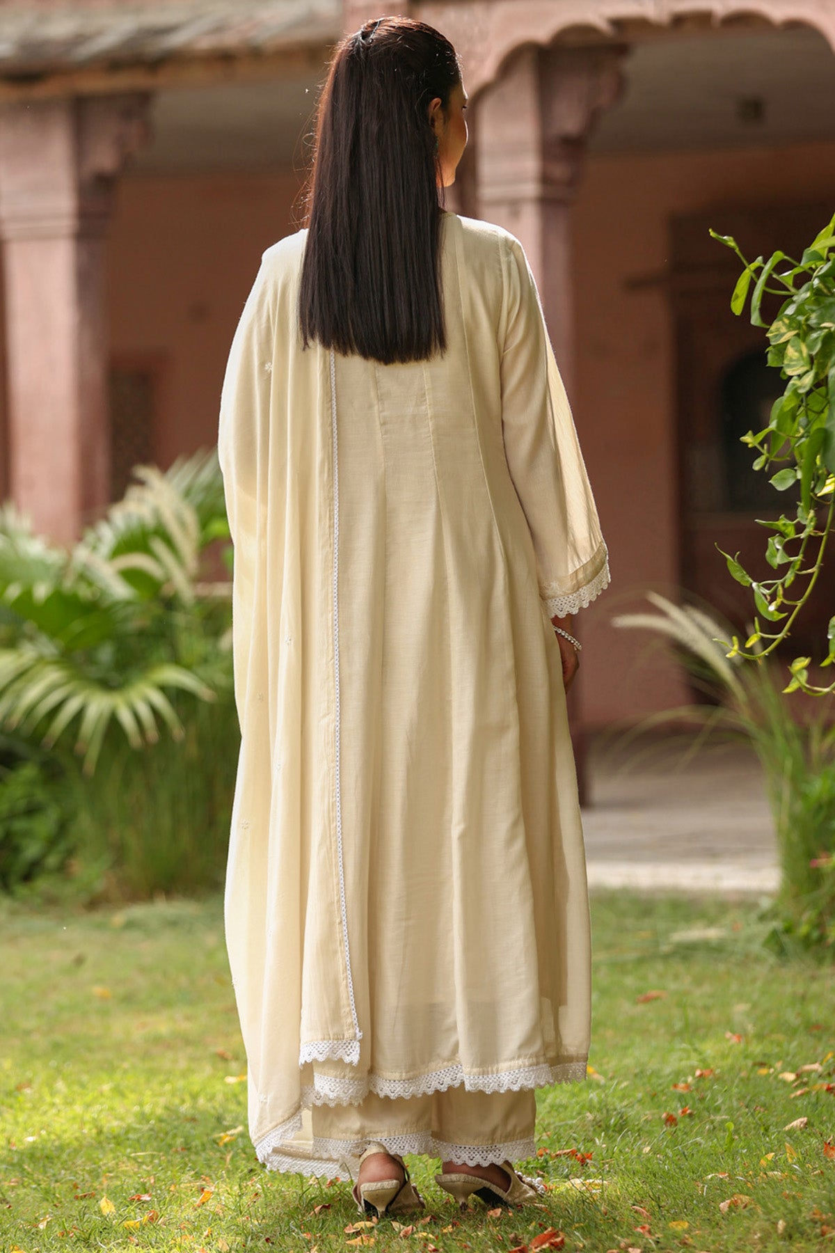 Beige Mul Mul Embroidered Suit Set