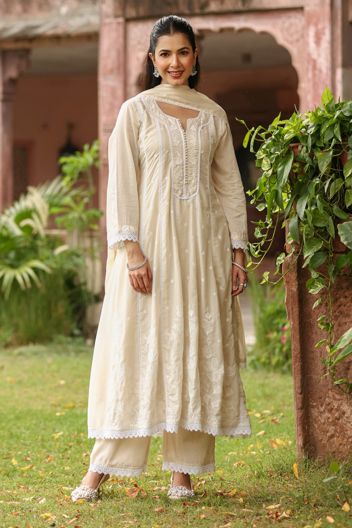 Beige Mul Mul Embroidered Suit Set