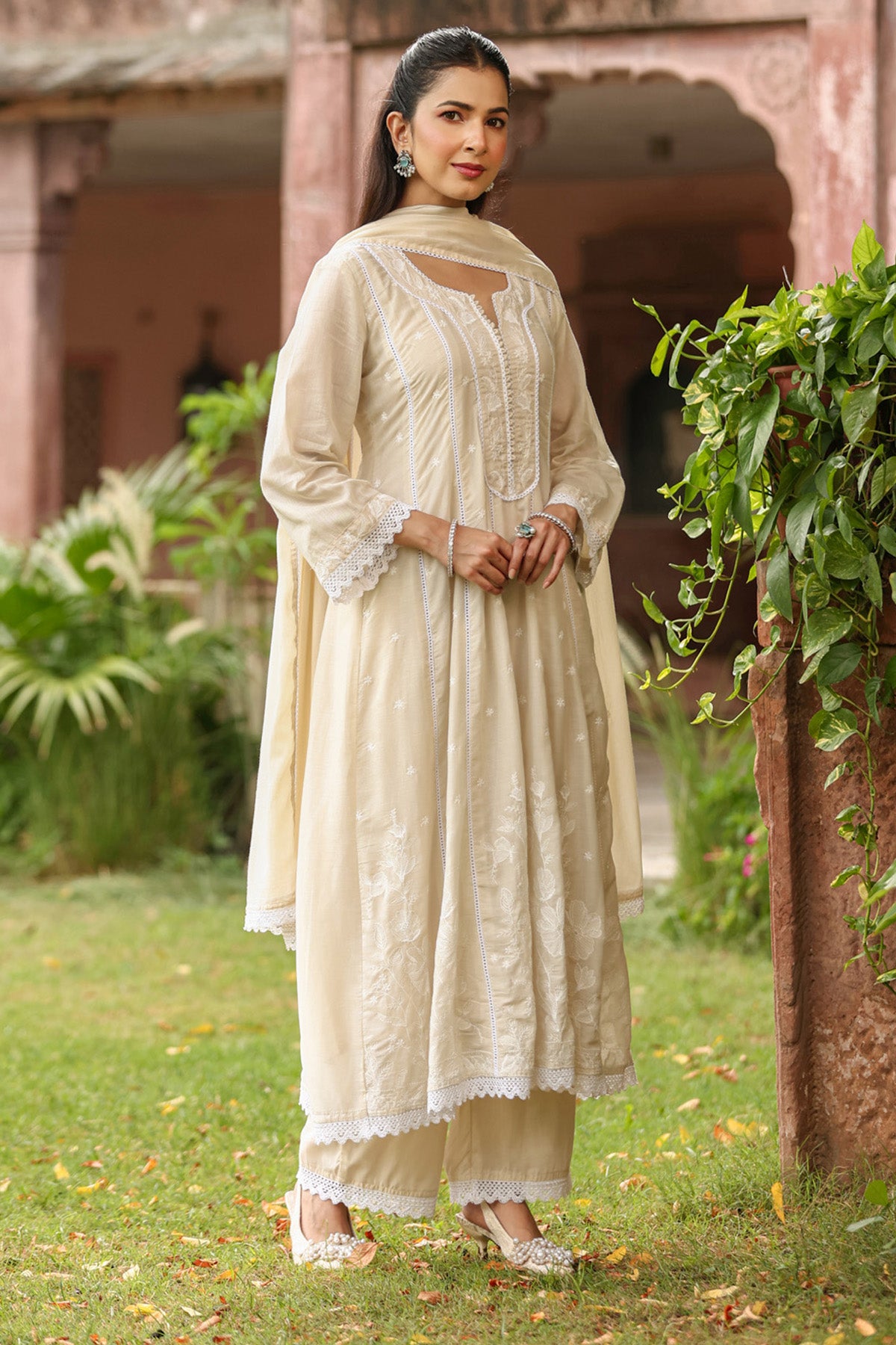 Beige Mul Mul Embroidered Suit Set