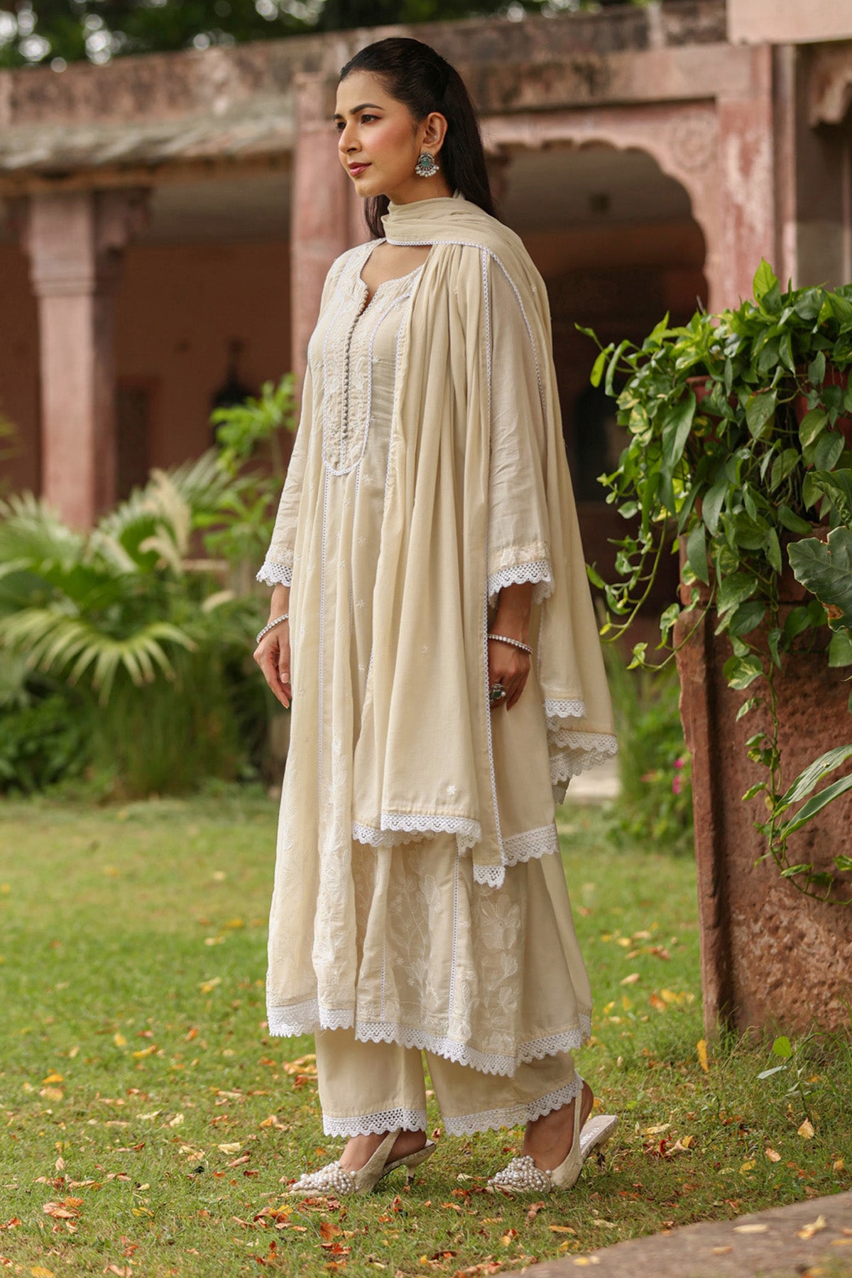 Beige Mul Mul Embroidered Suit Set