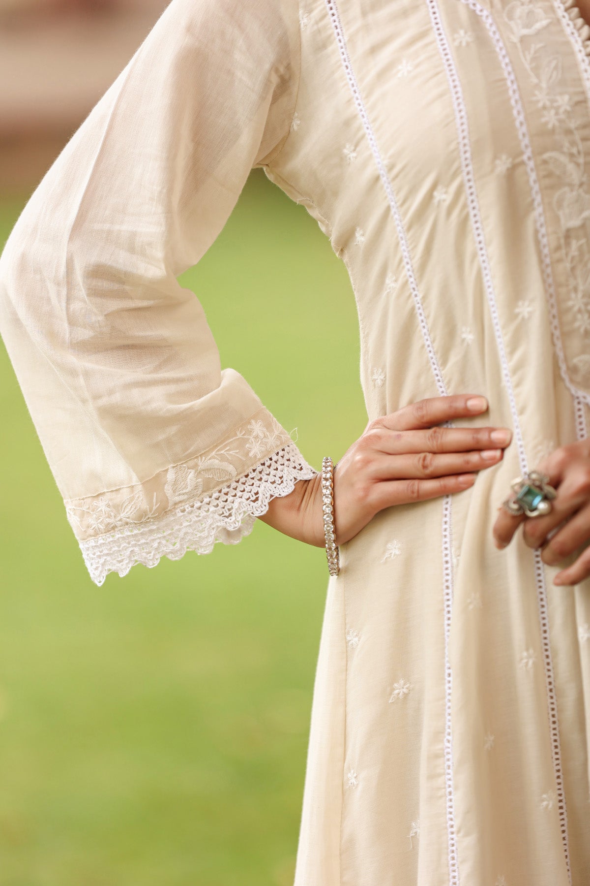 Beige Mul Mul Embroidered Suit Set