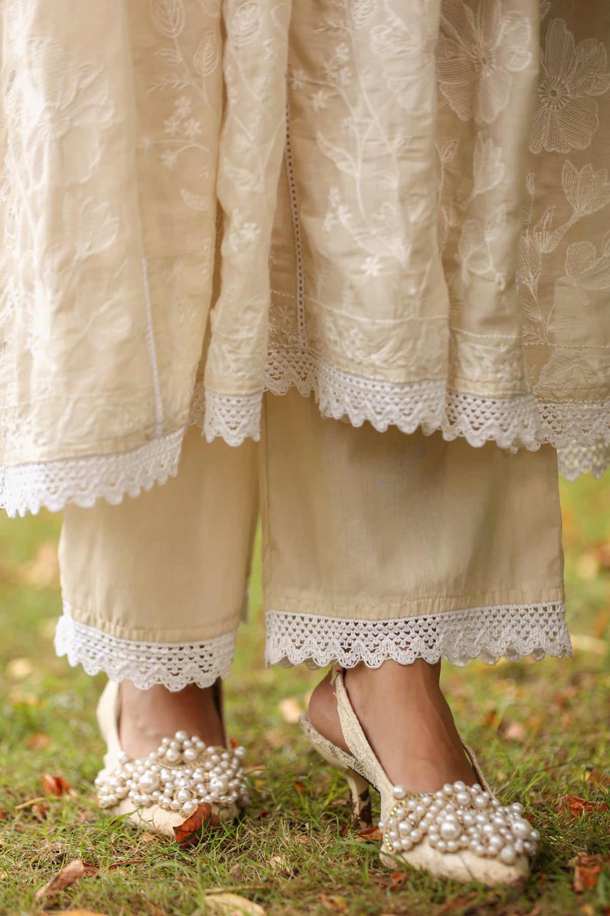 Beige Mul Mul Embroidered Suit Set