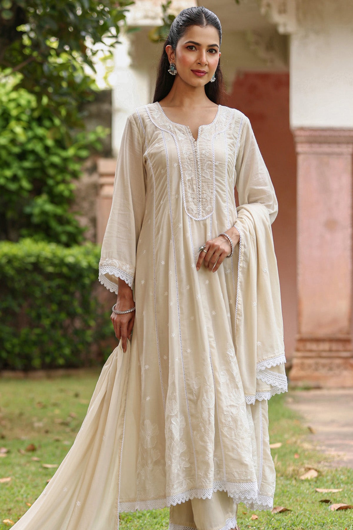 Beige Mul Mul Embroidered Suit Set