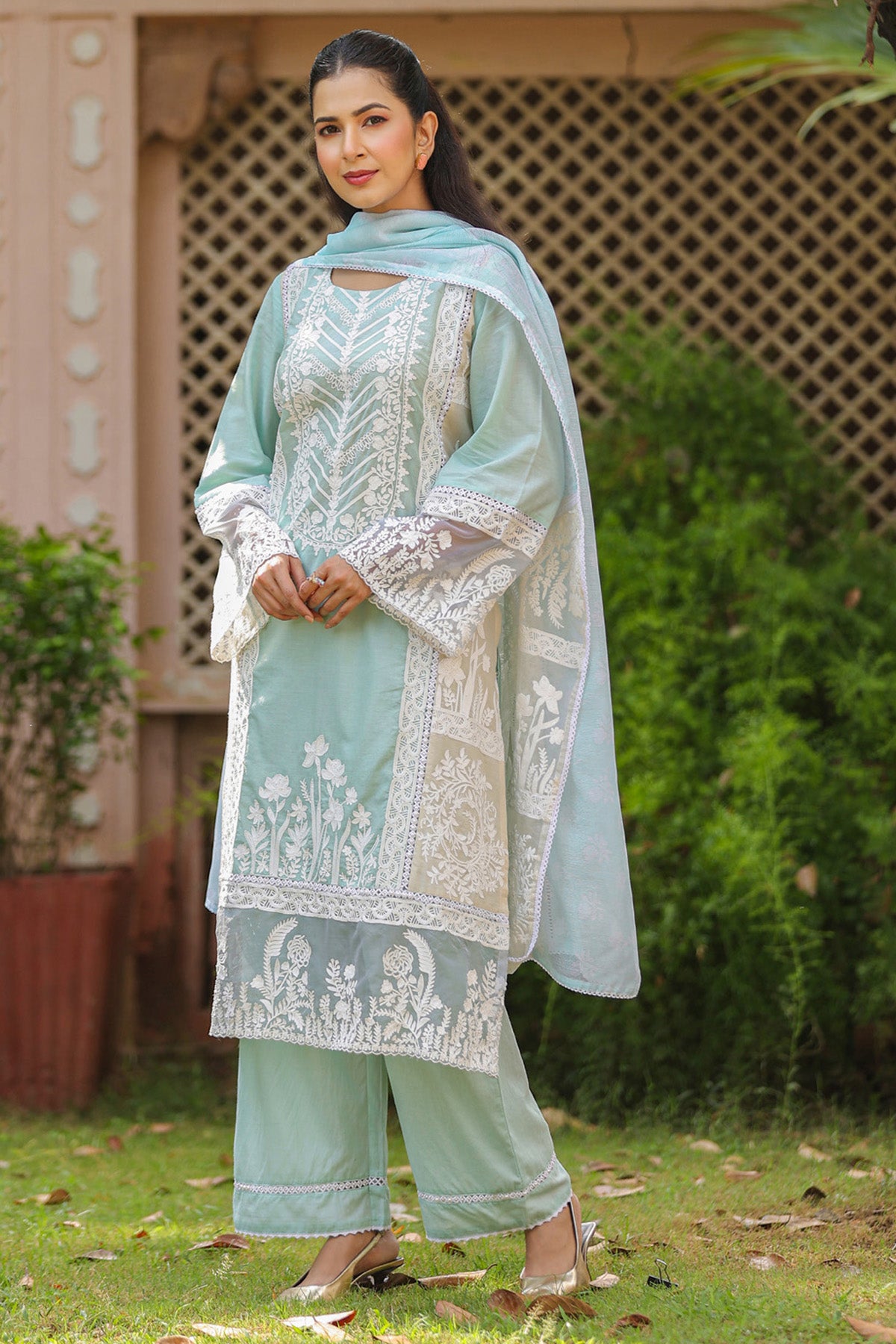Pastel Aqua Blue Cotton Embroidered Straight Suit Set With Dupatta