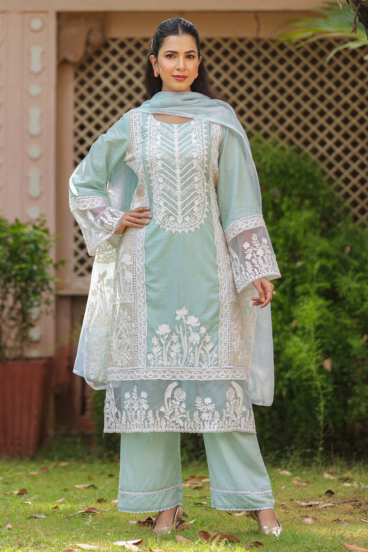 Pastel Aqua Blue Cotton Embroidered Straight Suit Set With Dupatta