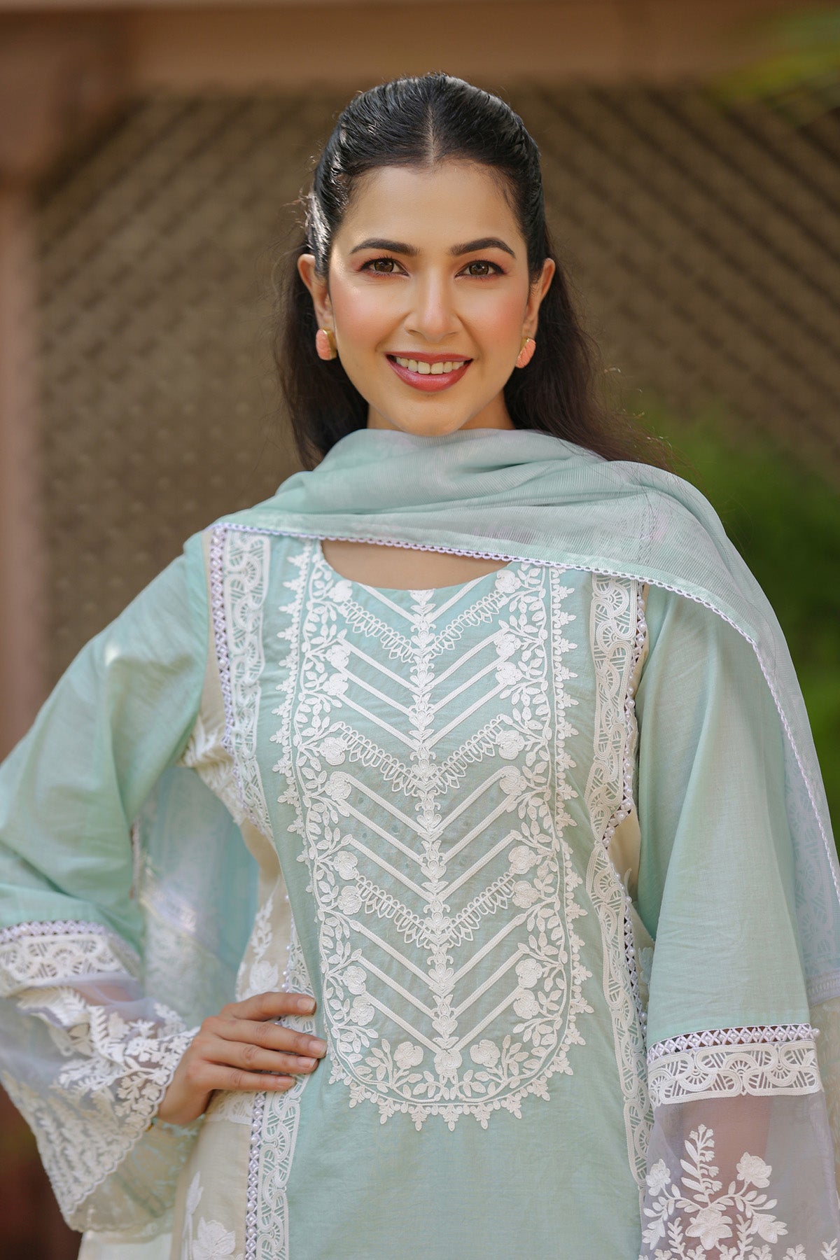 Pastel Aqua Blue Cotton Embroidered Straight Suit Set With Dupatta