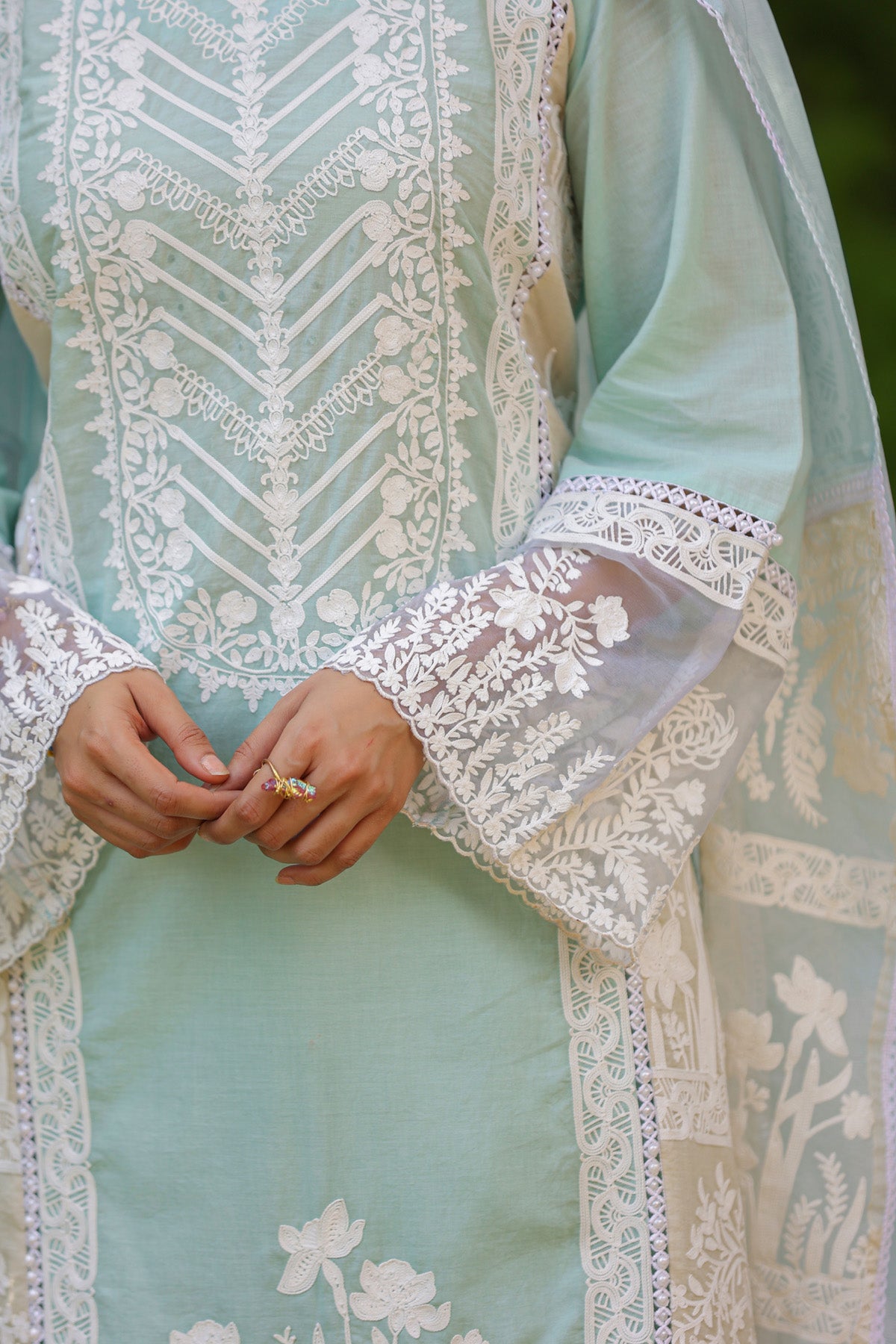 Pastel Aqua Blue Cotton Embroidered Straight Suit Set With Dupatta