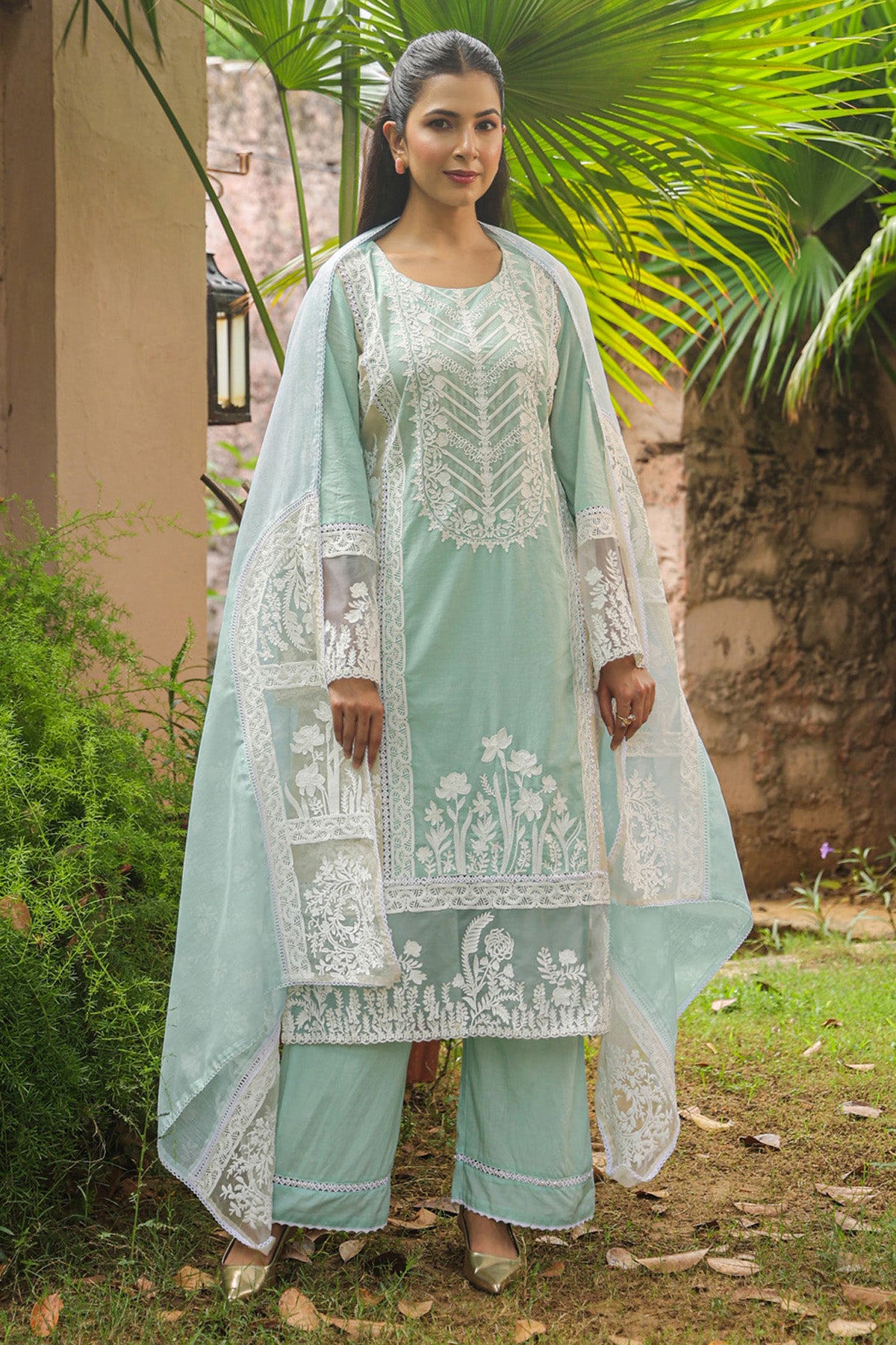 Pastel Aqua Blue Cotton Embroidered Straight Suit Set With Dupatta