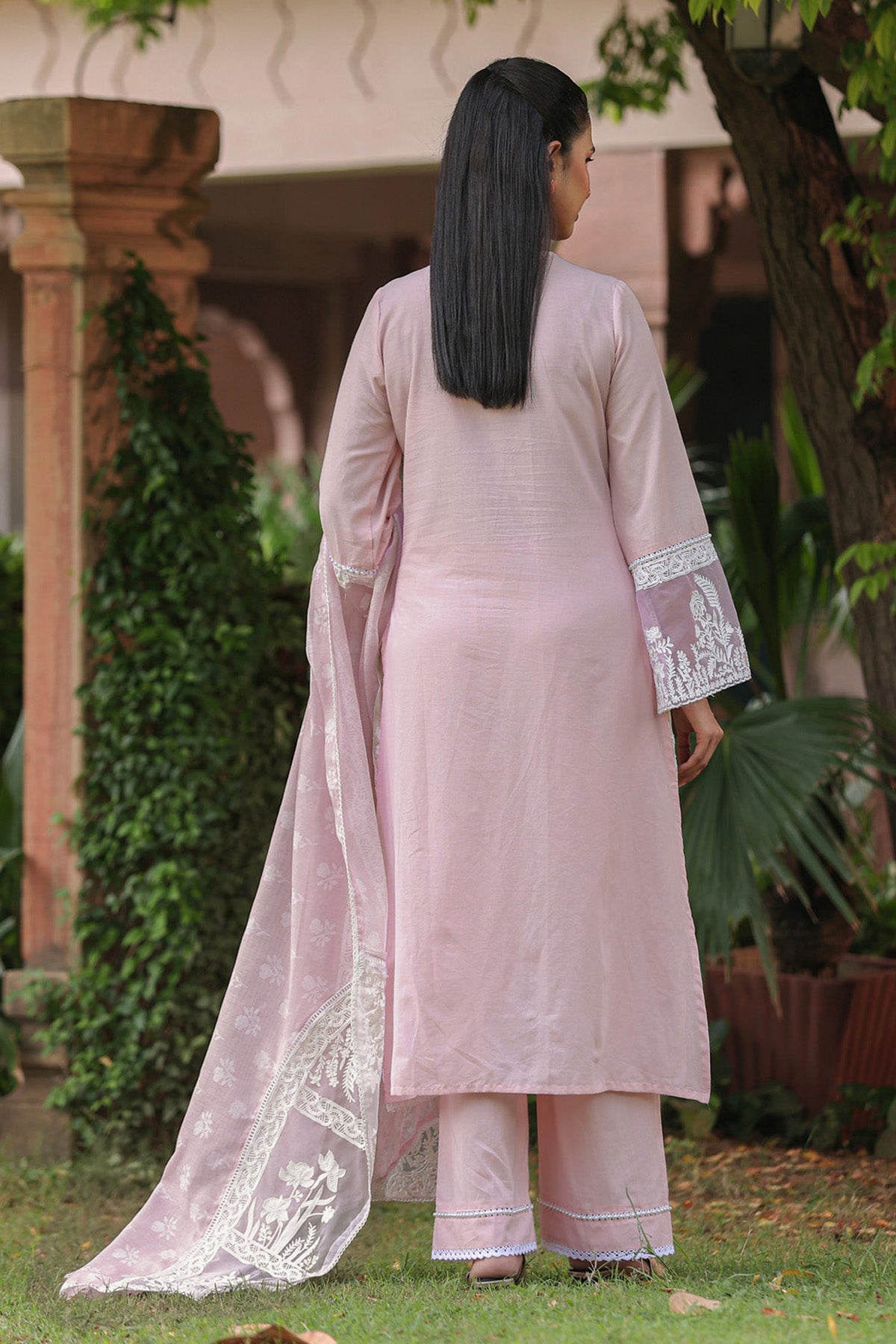 Dusty Pink Cotton Embroidered Straight Suit Set With Dupatta