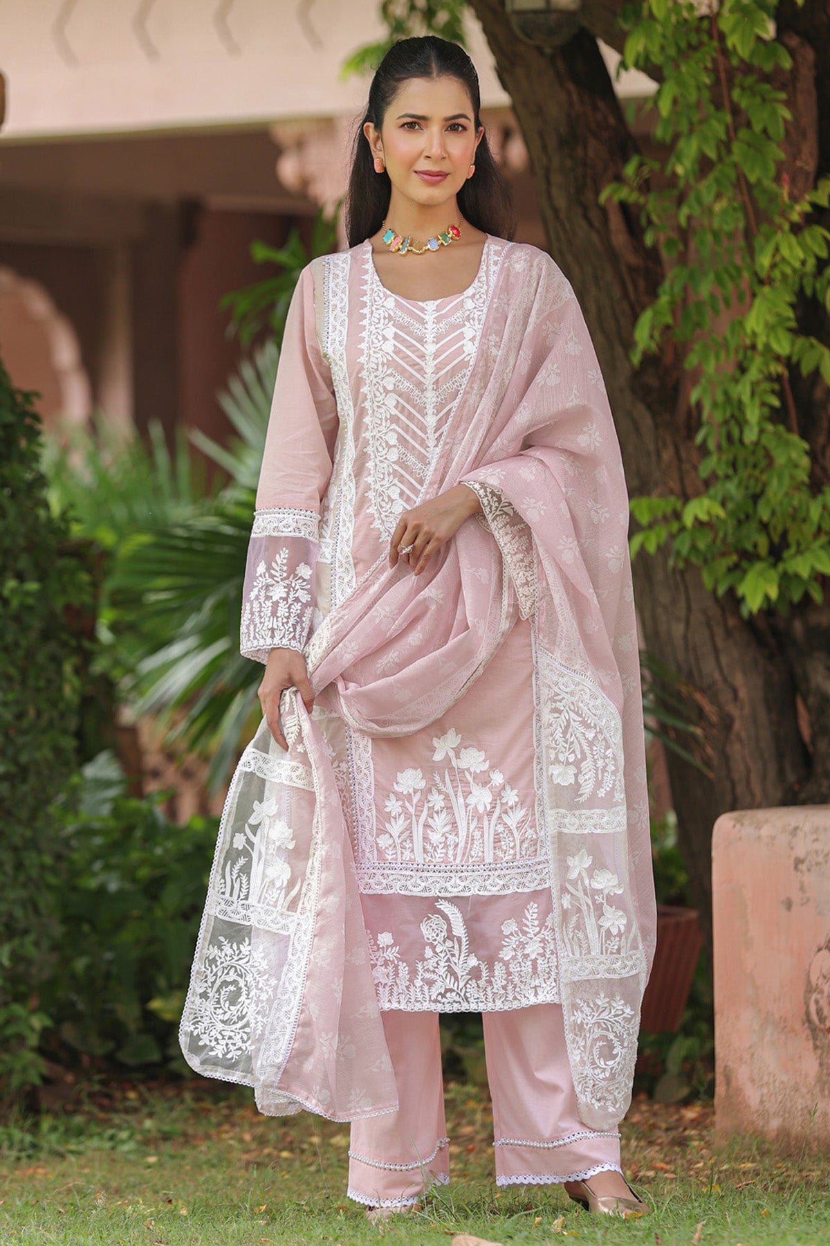 Dusty Pink Cotton Embroidered Straight Suit Set With Dupatta