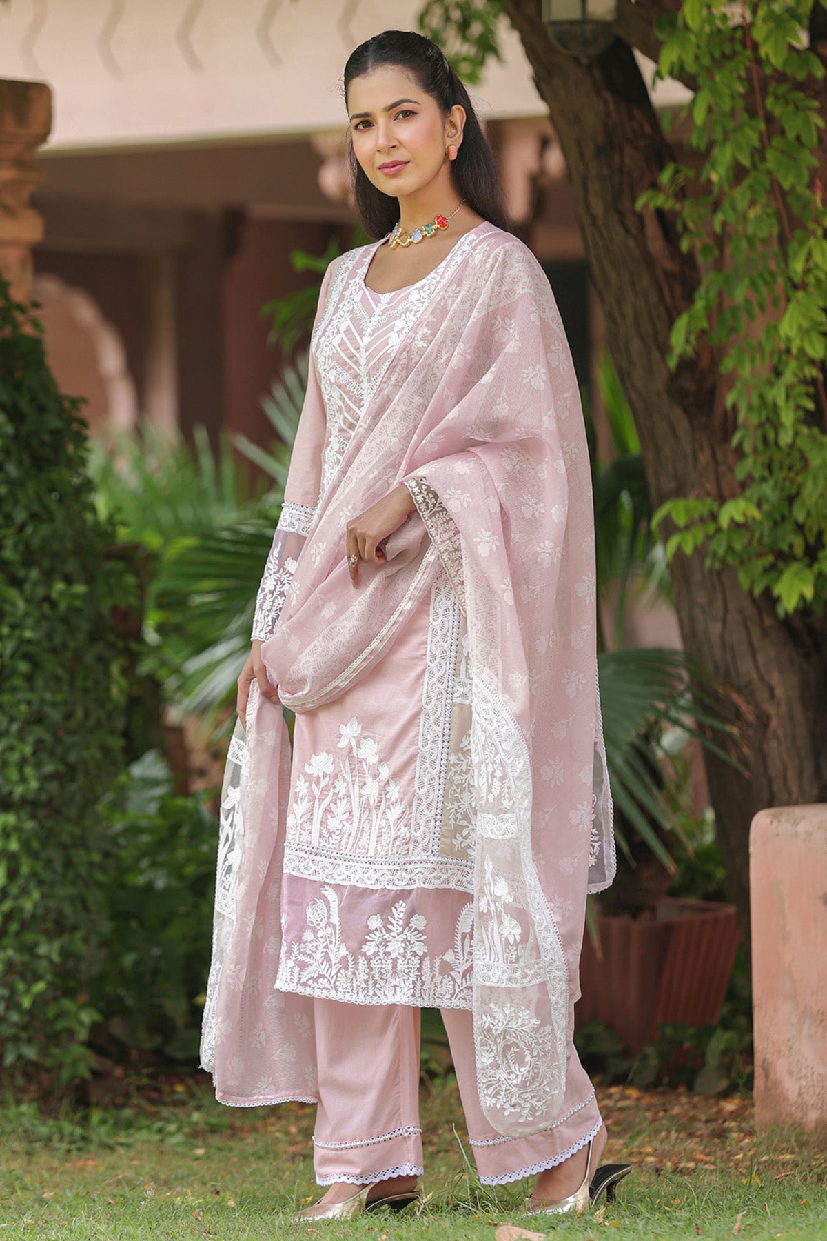 Dusty Pink Cotton Embroidered Straight Suit Set With Dupatta