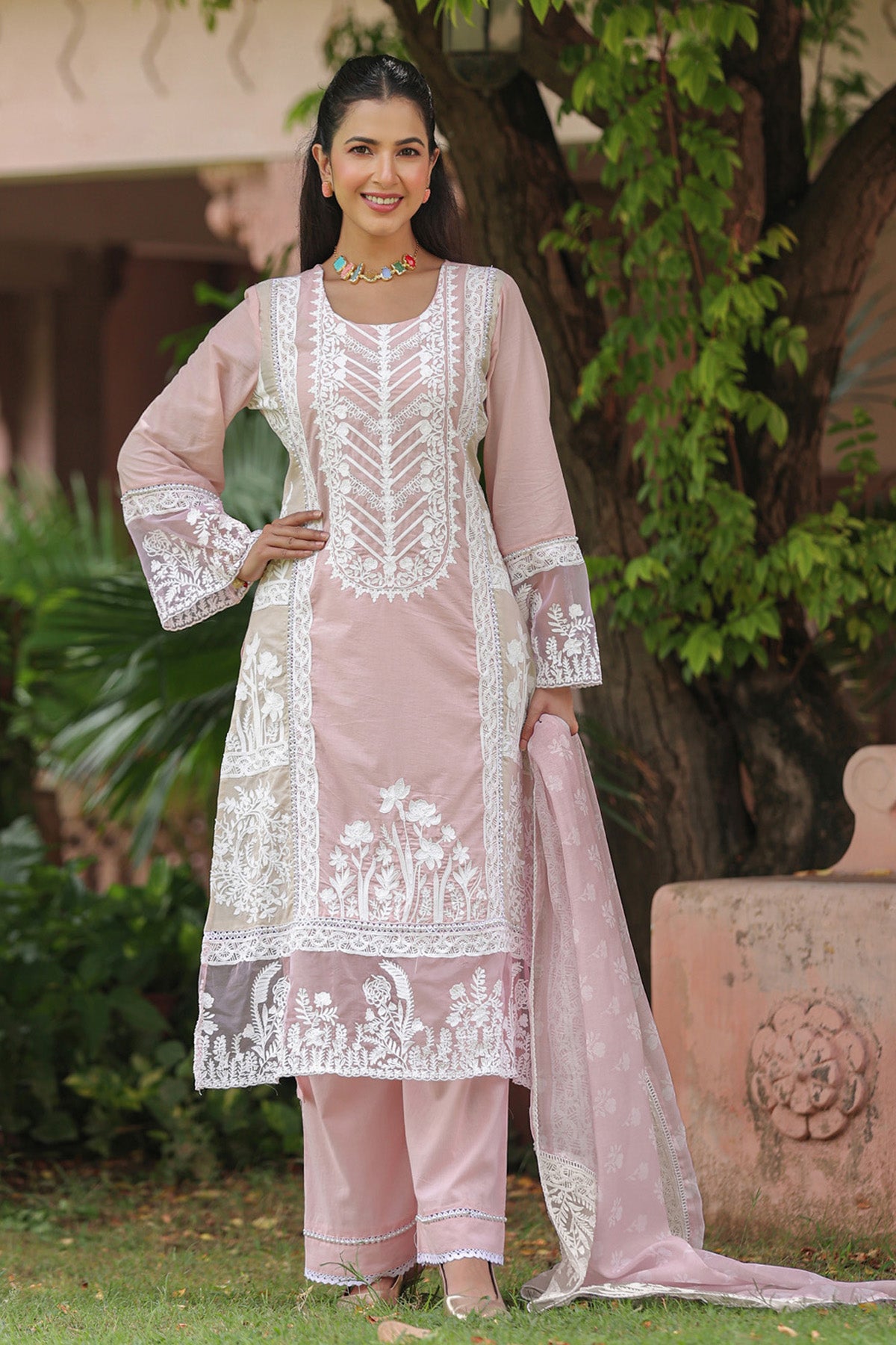 Dusty Pink Cotton Embroidered Straight Suit Set With Dupatta