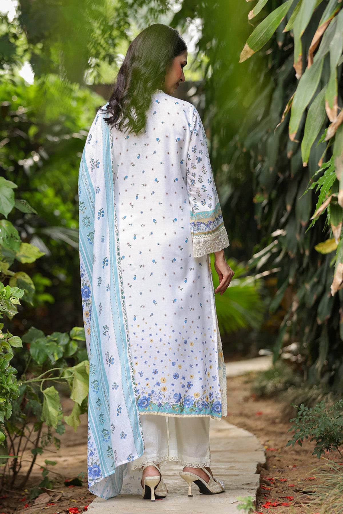 White Cotton Handwork Suit Set With Dupatta