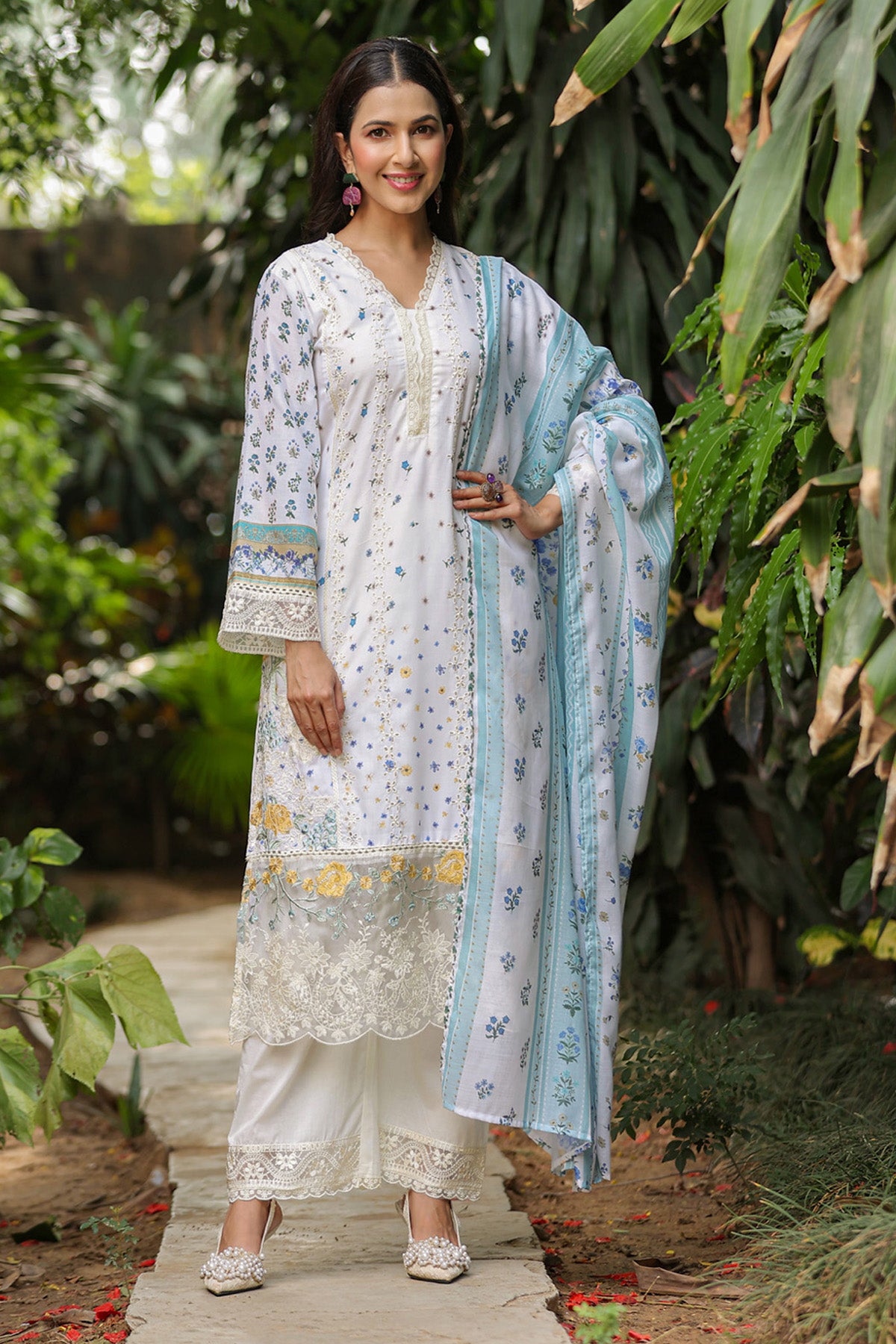 White Cotton Handwork Suit Set With Dupatta