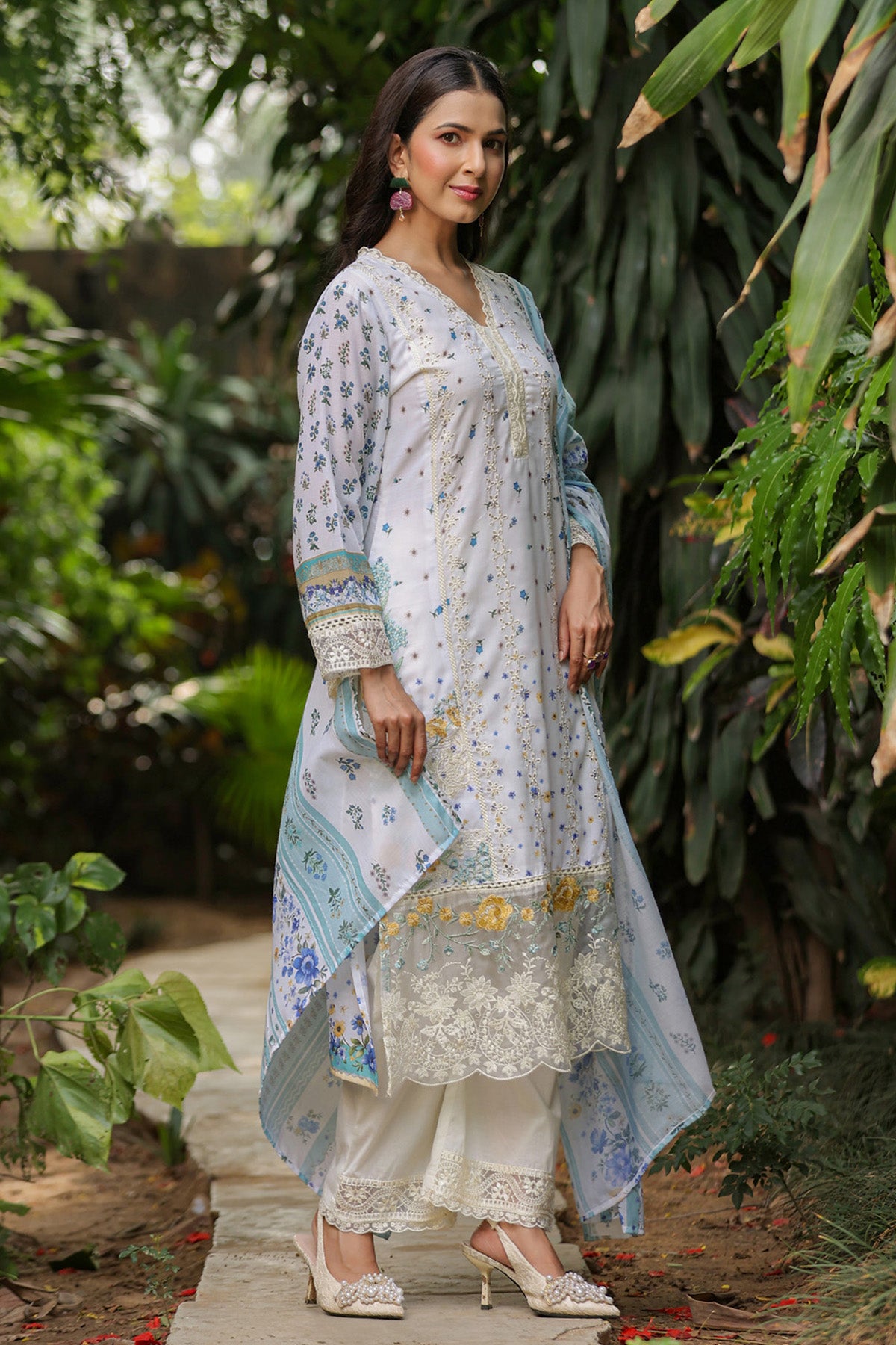 White Cotton Handwork Suit Set With Dupatta