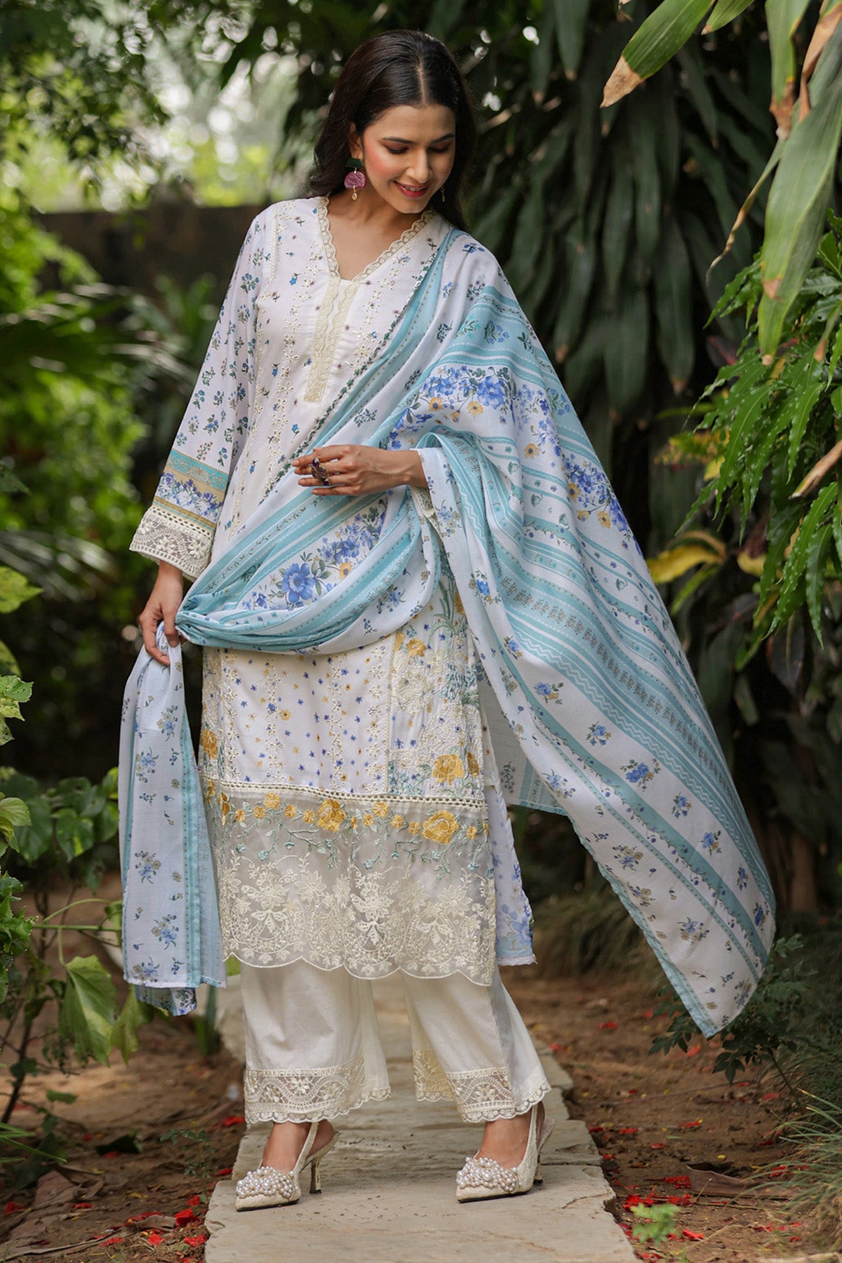 White Cotton Handwork Suit Set With Dupatta