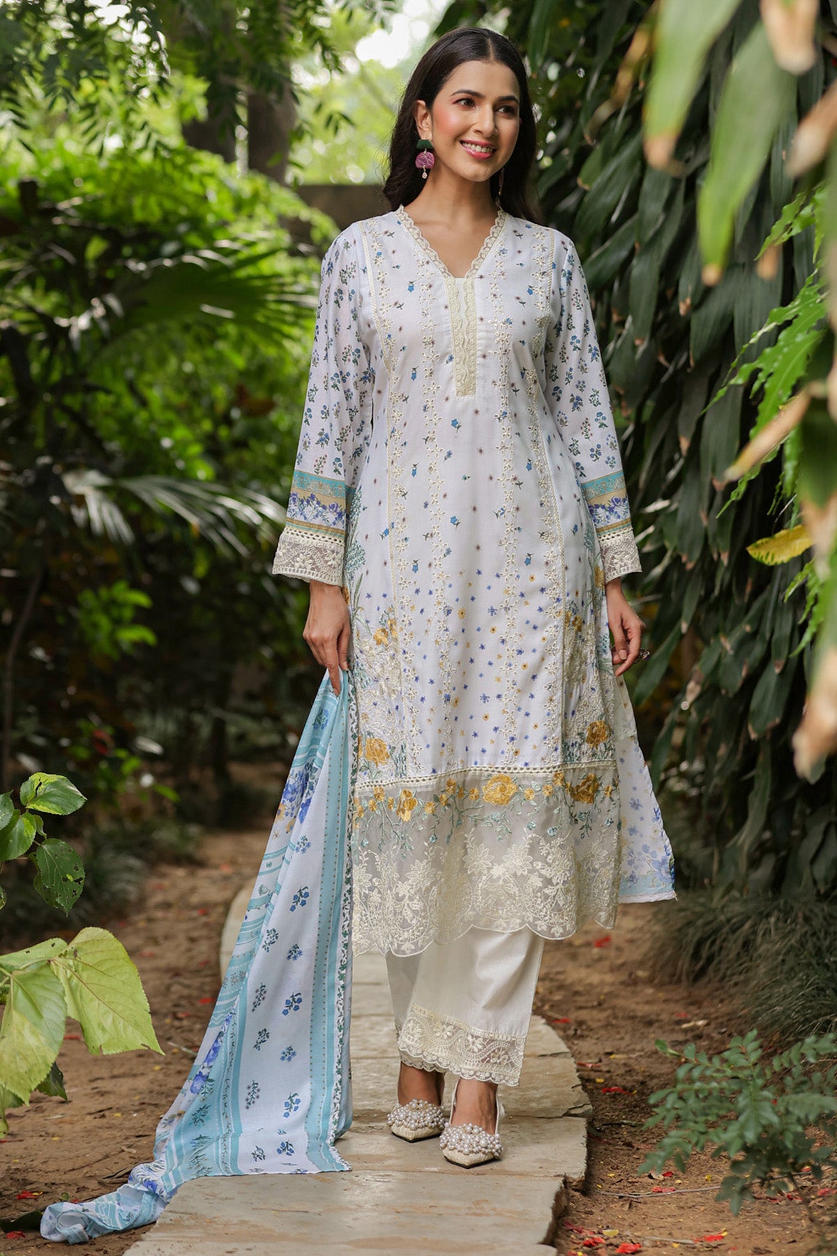 White Cotton Handwork Suit Set With Dupatta