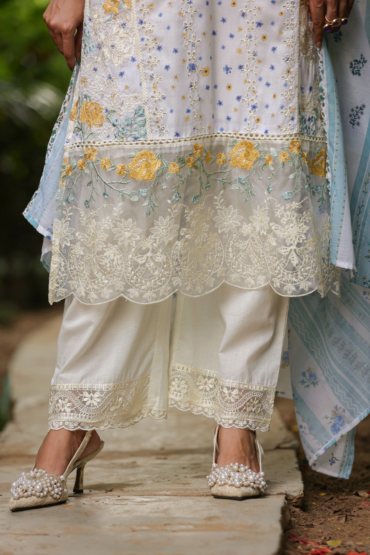 White Cotton Handwork Suit Set With Dupatta