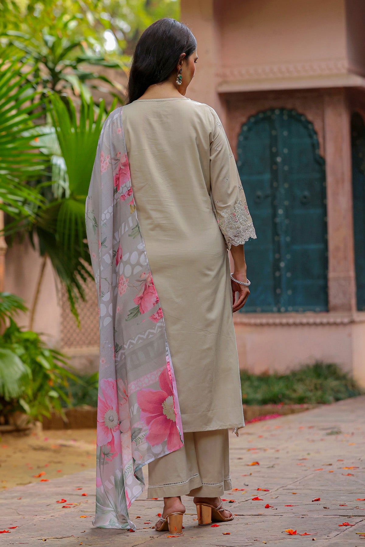 Champagne Beige Cotton Embroidered Straight Suit Set With Dupatta