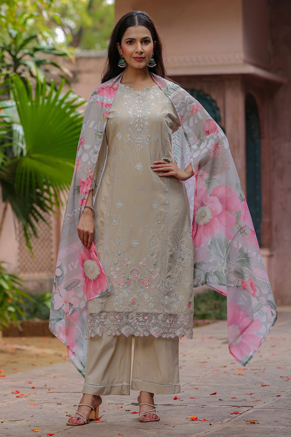 Champagne Beige Cotton Embroidered Straight Suit Set With Dupatta