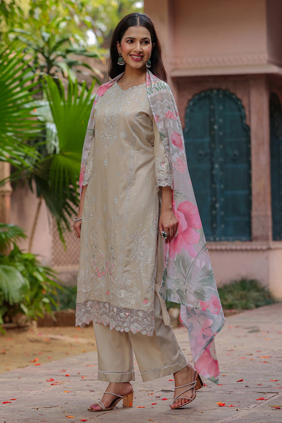 Champagne Beige Cotton Embroidered Straight Suit Set With Dupatta
