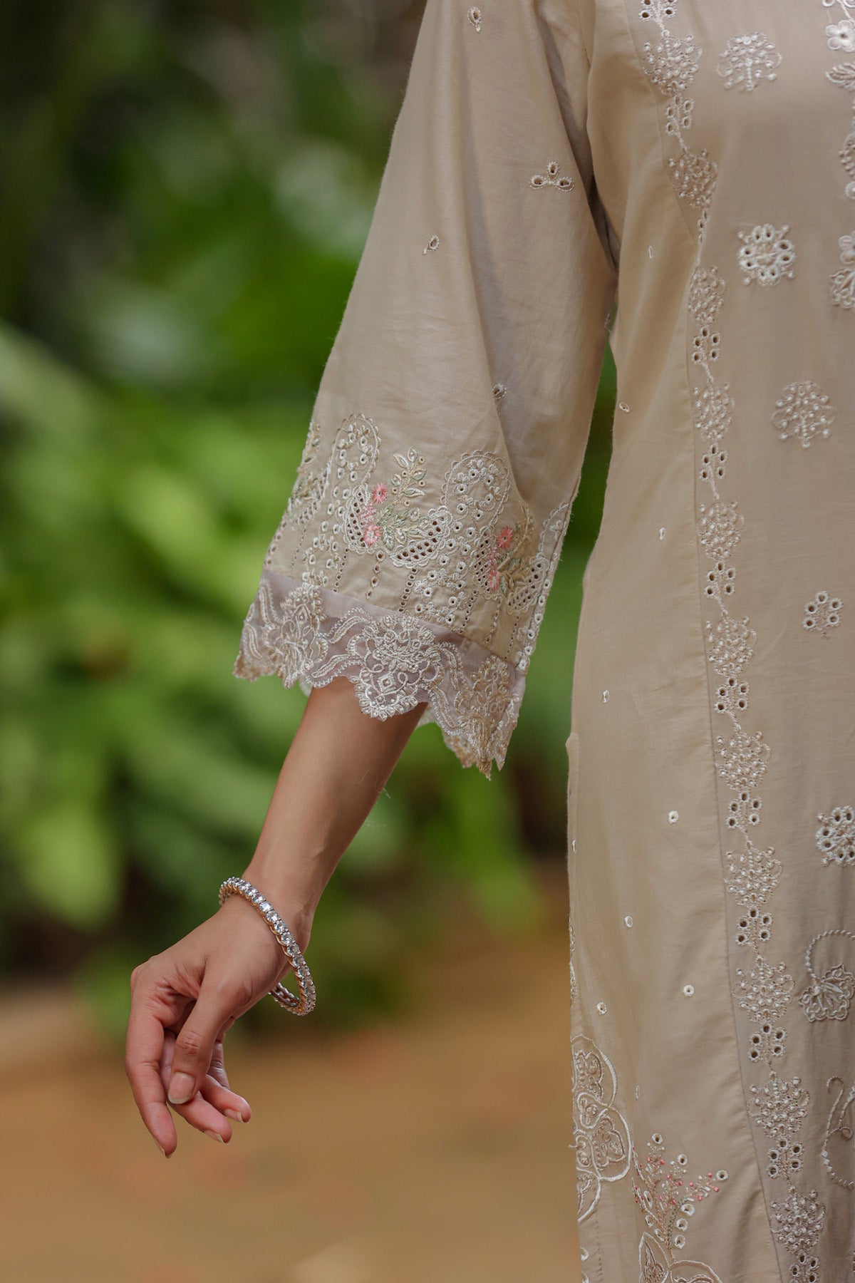 Champagne Beige Cotton Embroidered Straight Suit Set With Dupatta