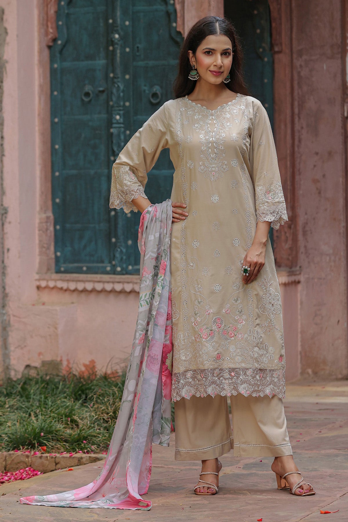 Champagne Beige Cotton Embroidered Straight Suit Set With Dupatta