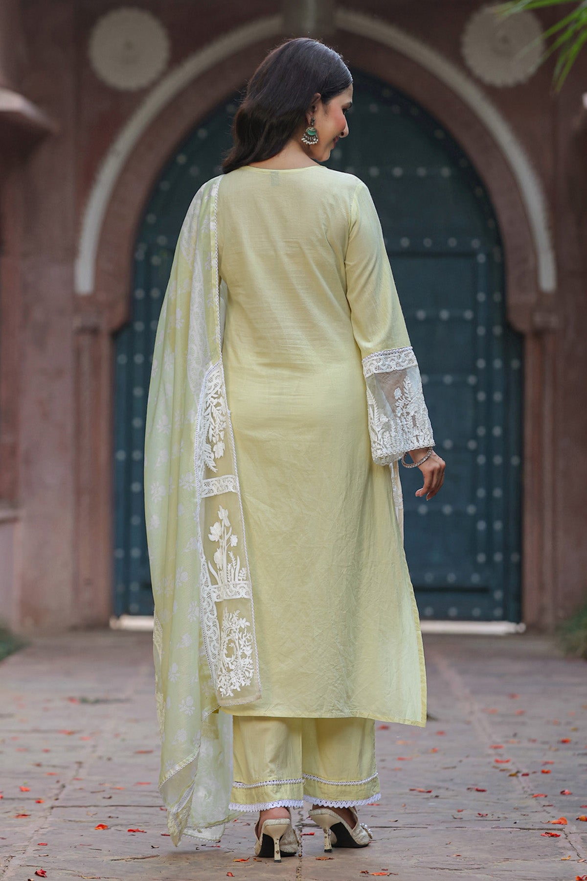Pastel Pistachio Green Cotton Embroidered Straight Suit Set With Dupatta