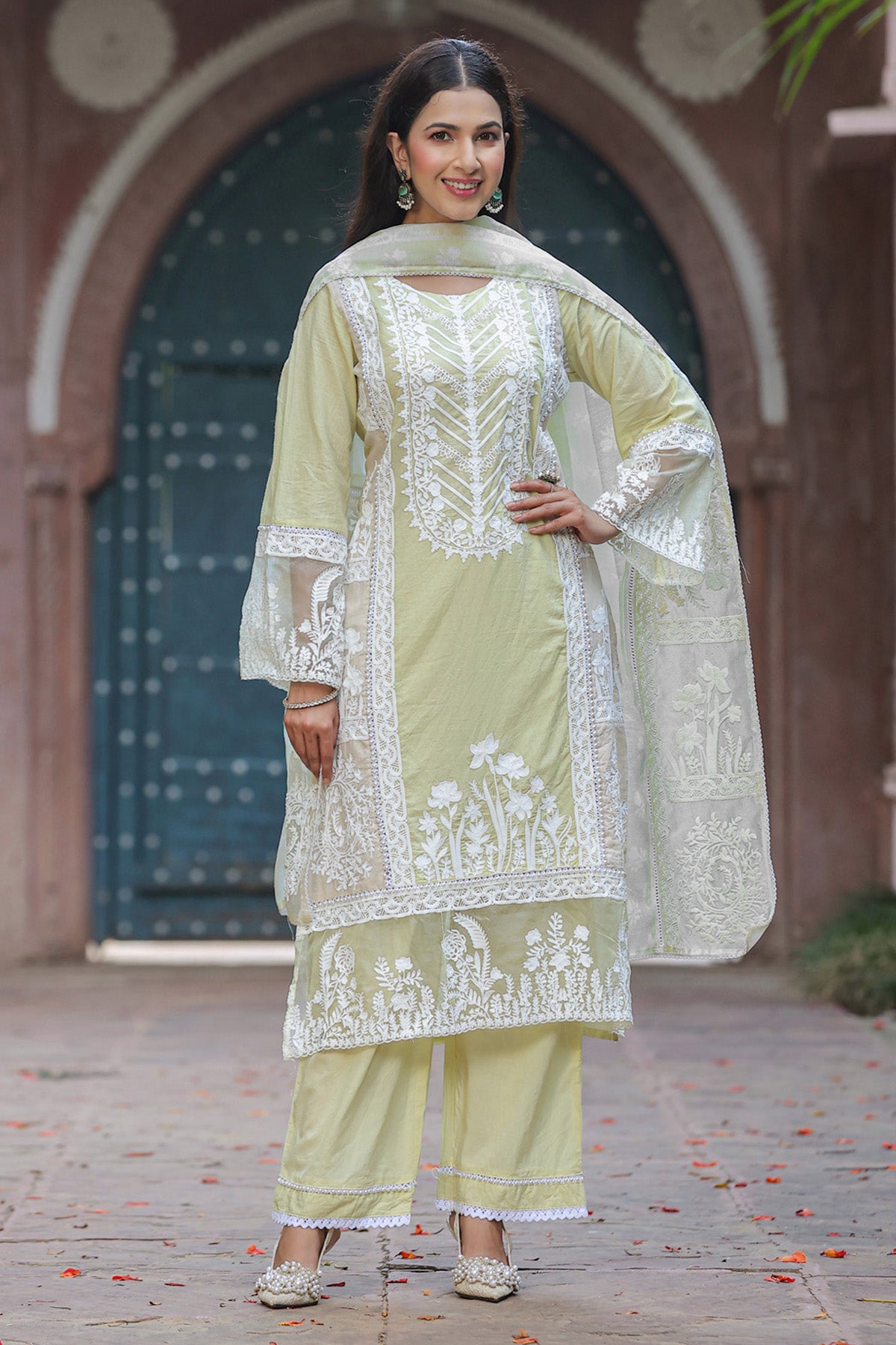 Pastel Pistachio Green Cotton Embroidered Straight Suit Set With Dupatta