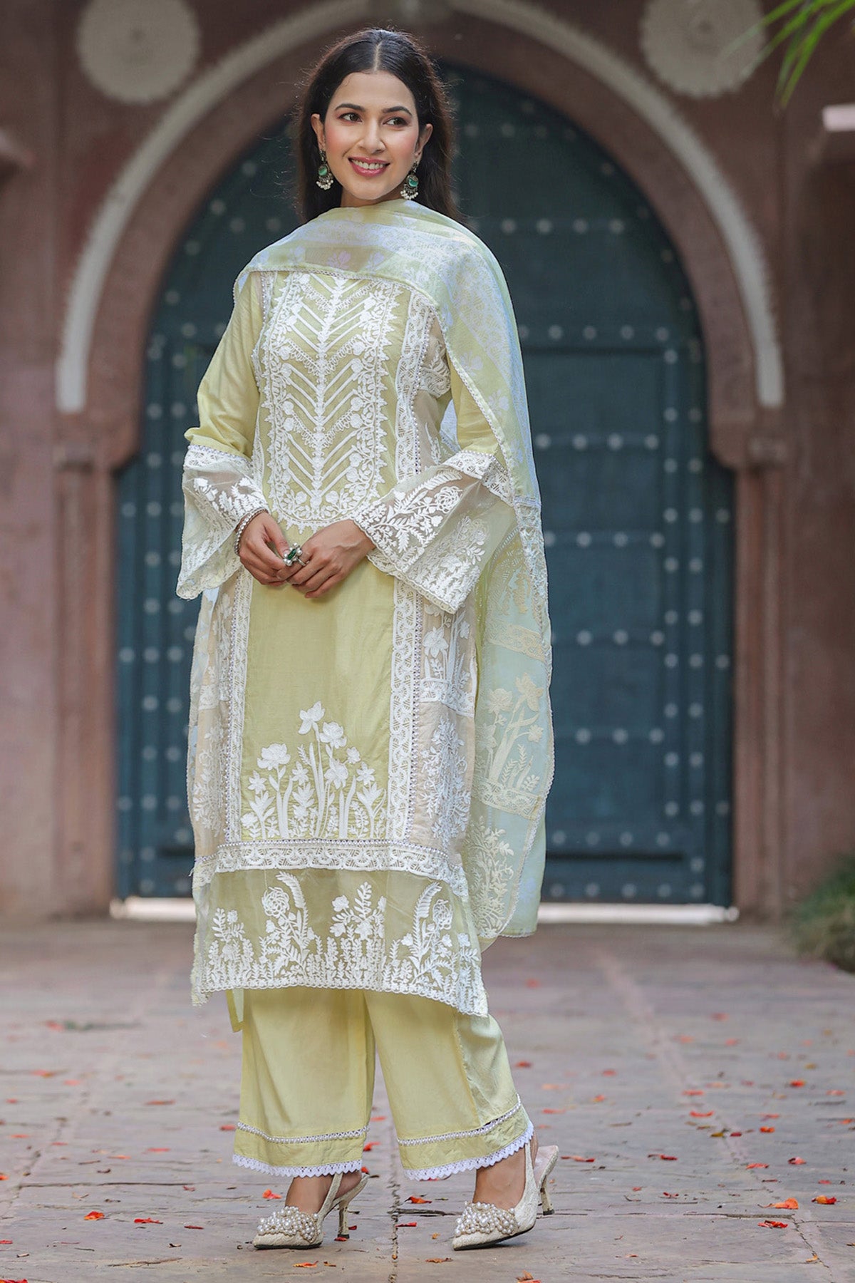 Pastel Pistachio Green Cotton Embroidered Straight Suit Set With Dupatta