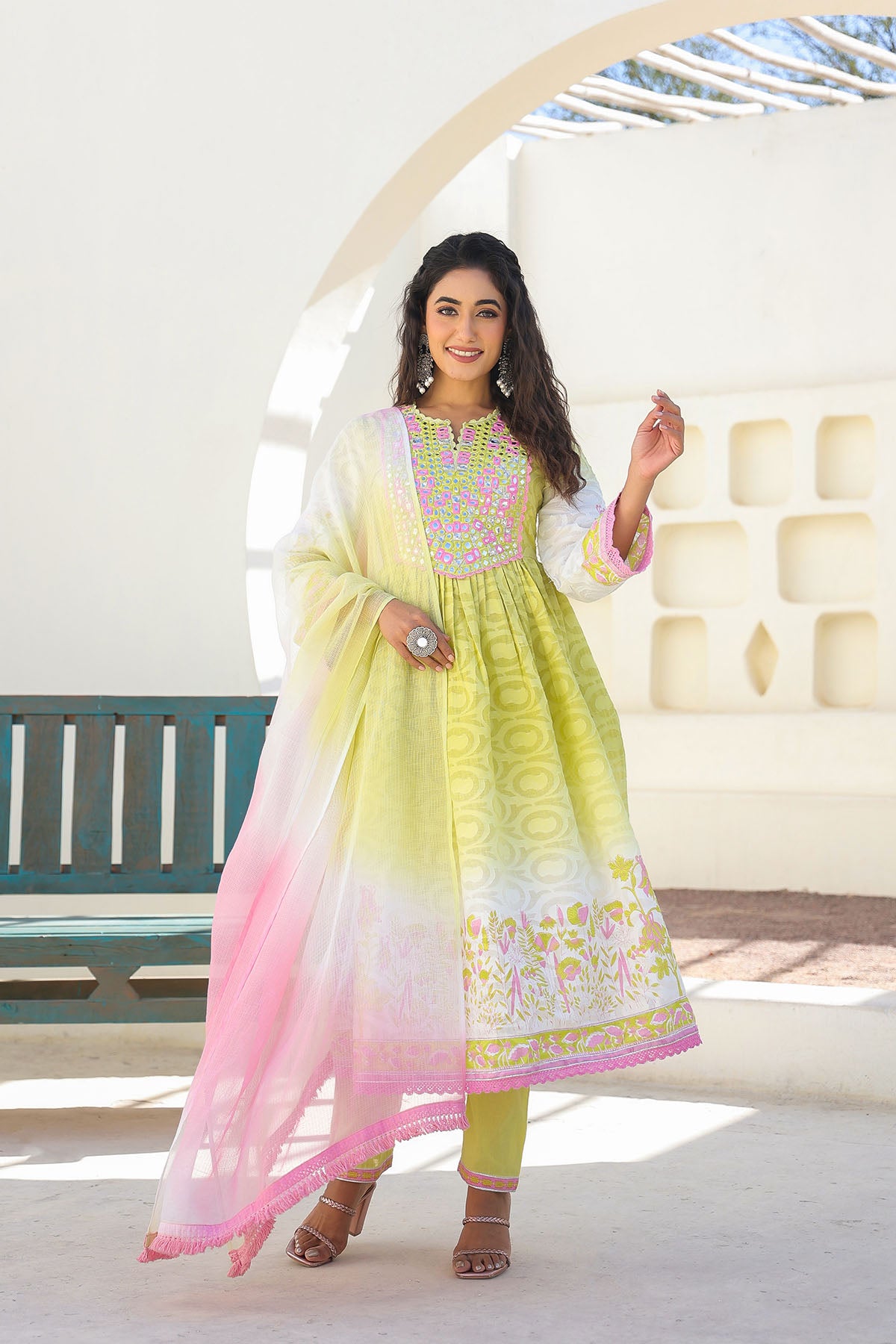 Green Cotton Embroidered Anarkali Suit