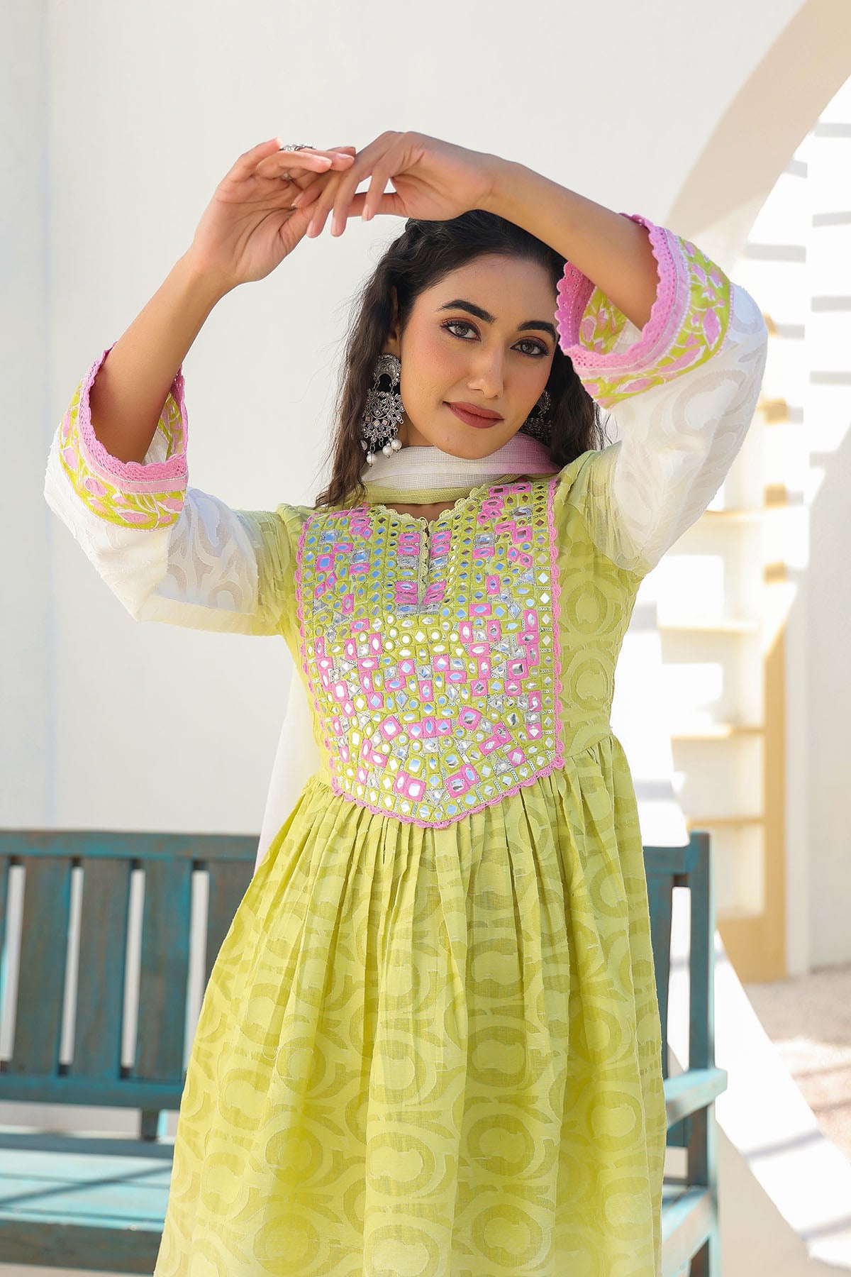 Green Cotton Embroidered Anarkali Suit