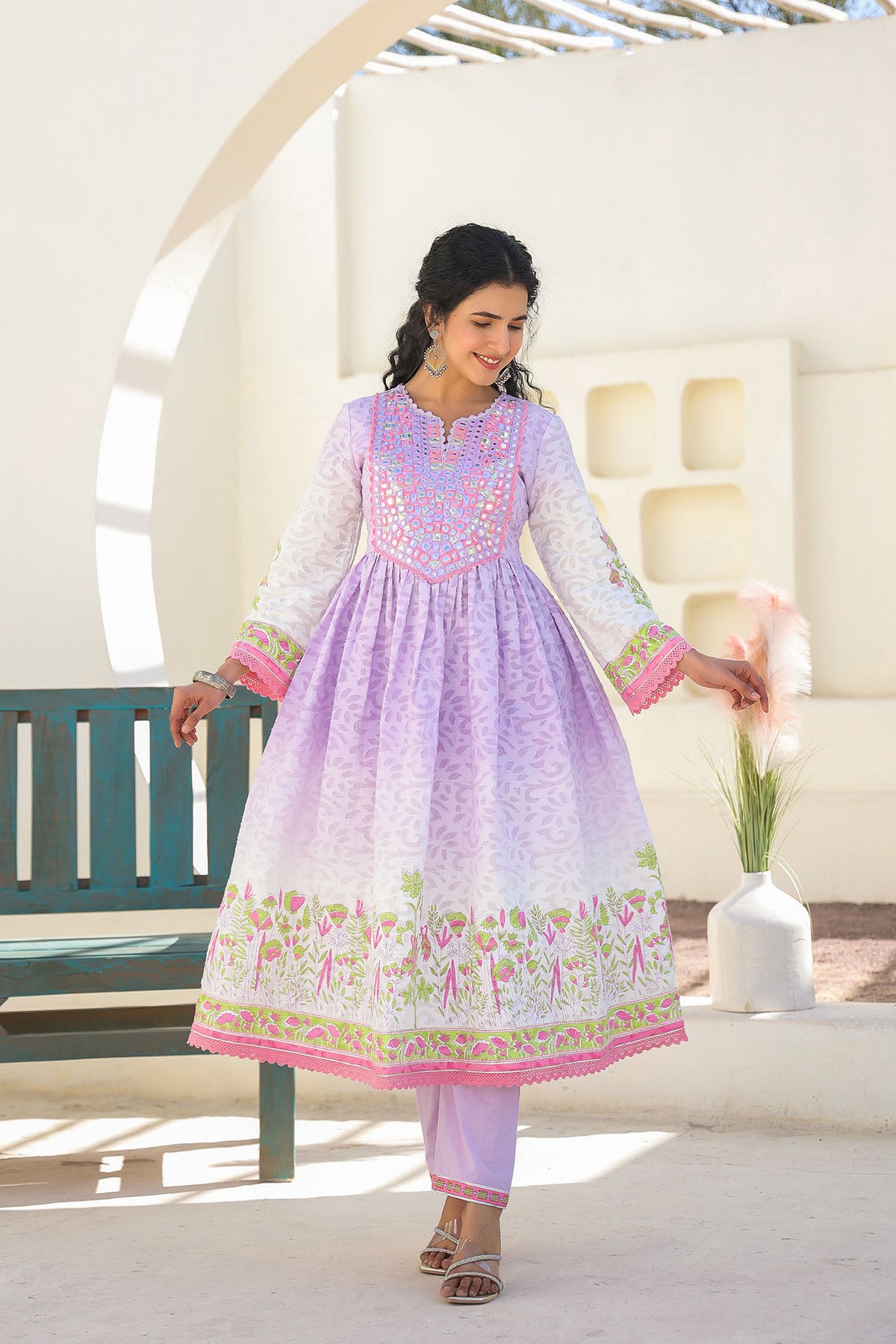 Lavender Cotton Embroidered Anarkali Suit
