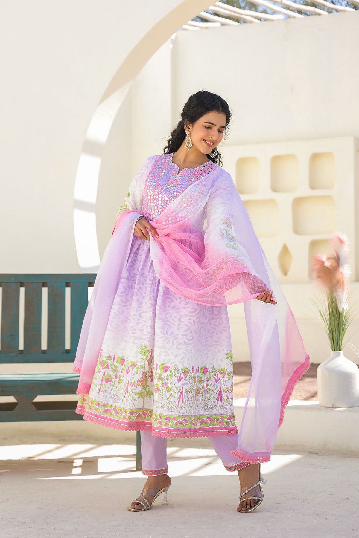 Lavender Cotton Embroidered Anarkali Suit