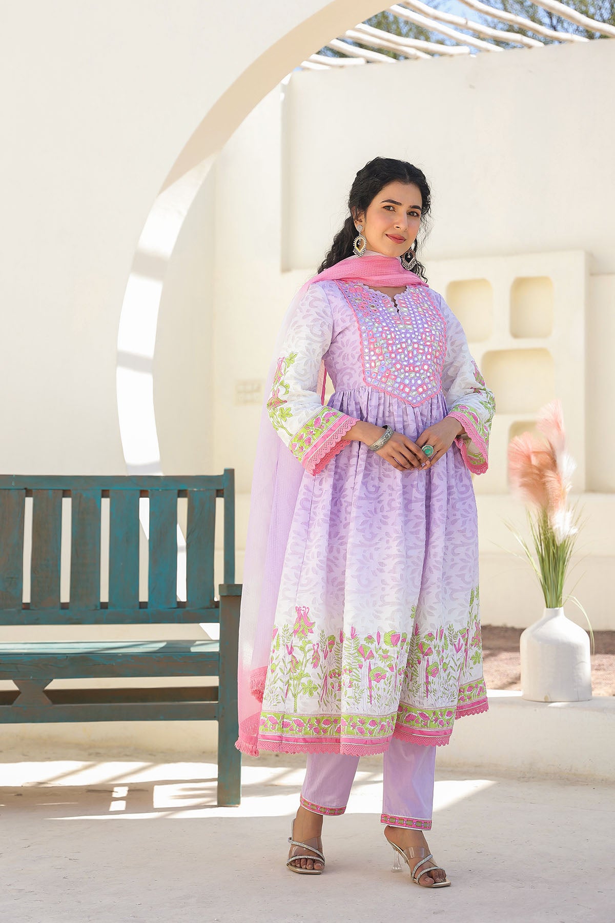 Lavender Cotton Embroidered Anarkali Suit