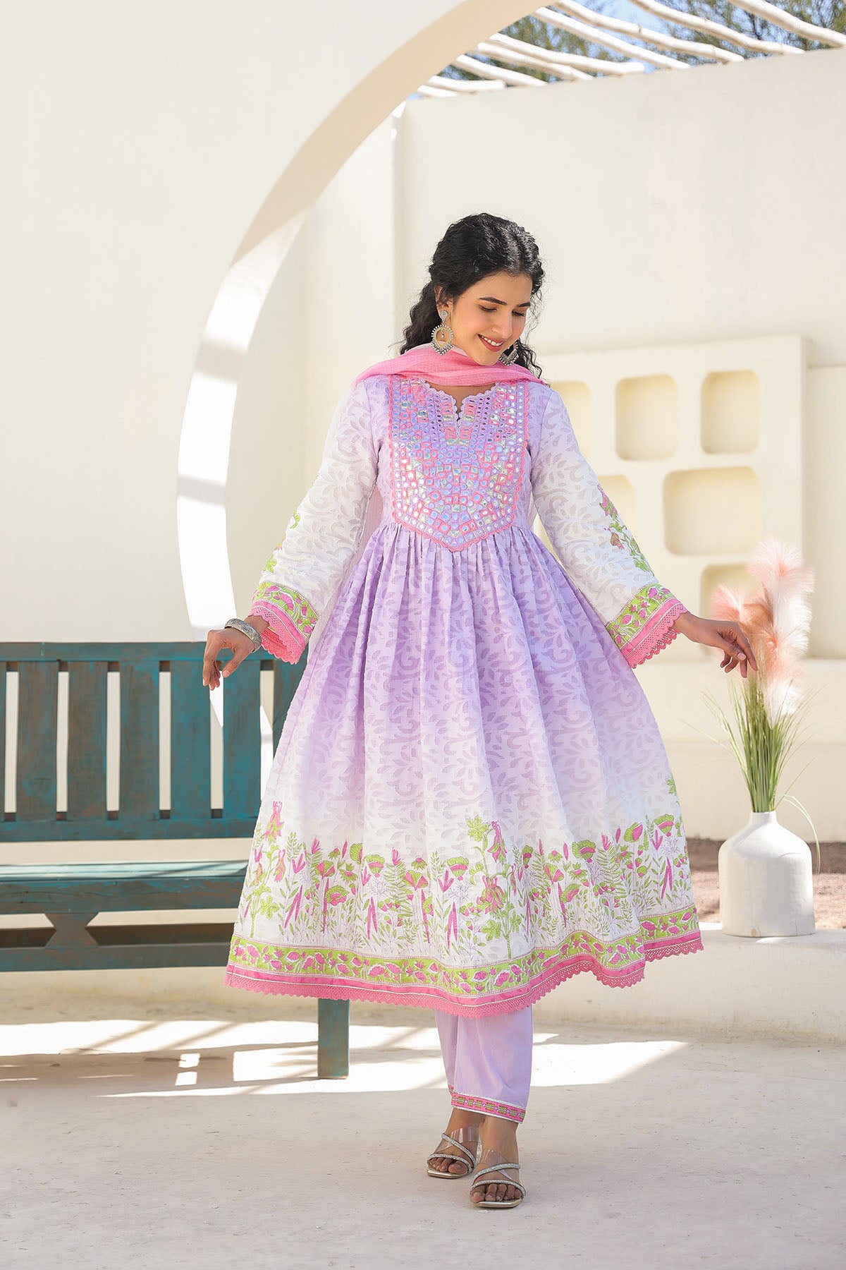 Lavender Cotton Embroidered Anarkali Suit