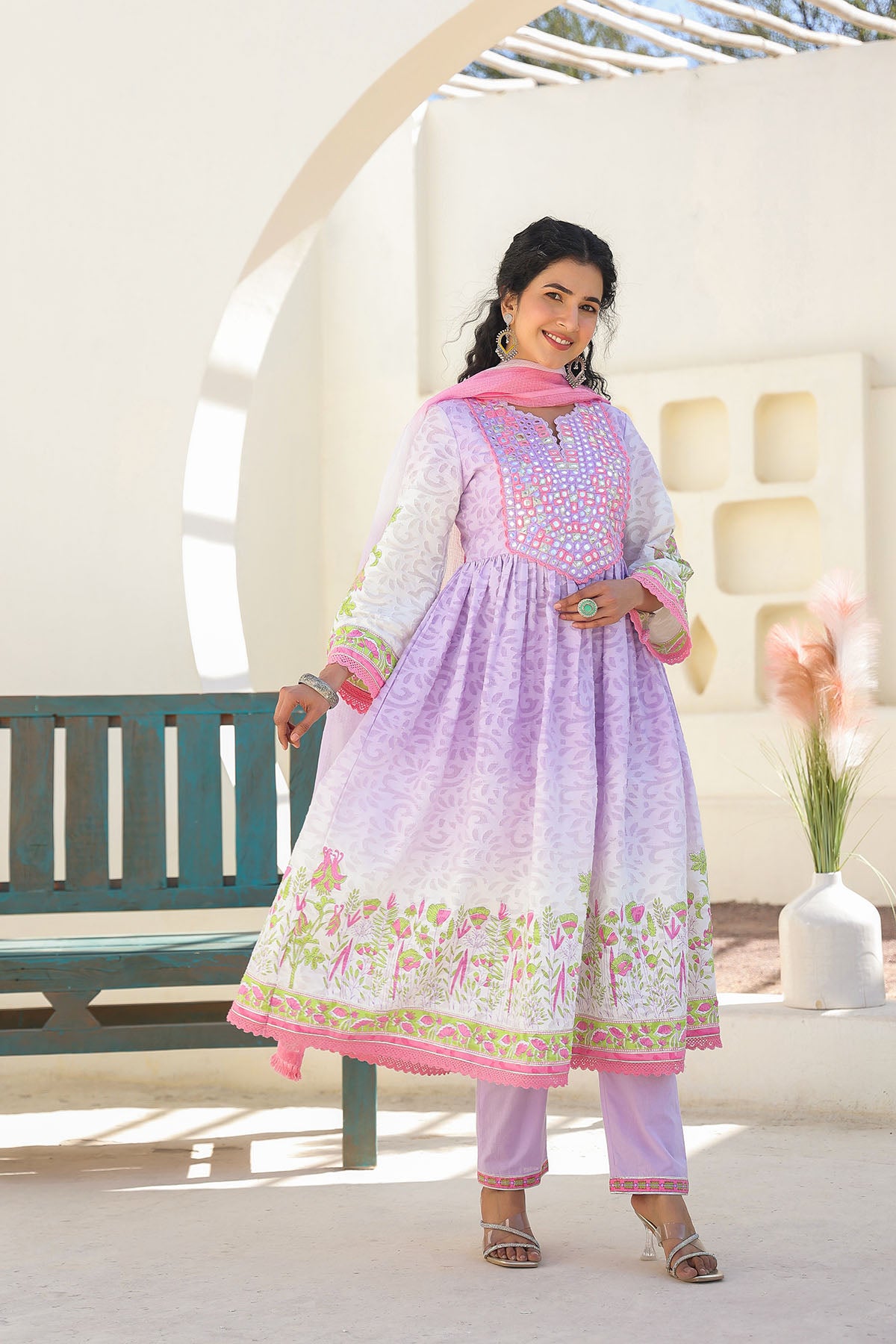 Lavender Cotton Embroidered Anarkali Suit